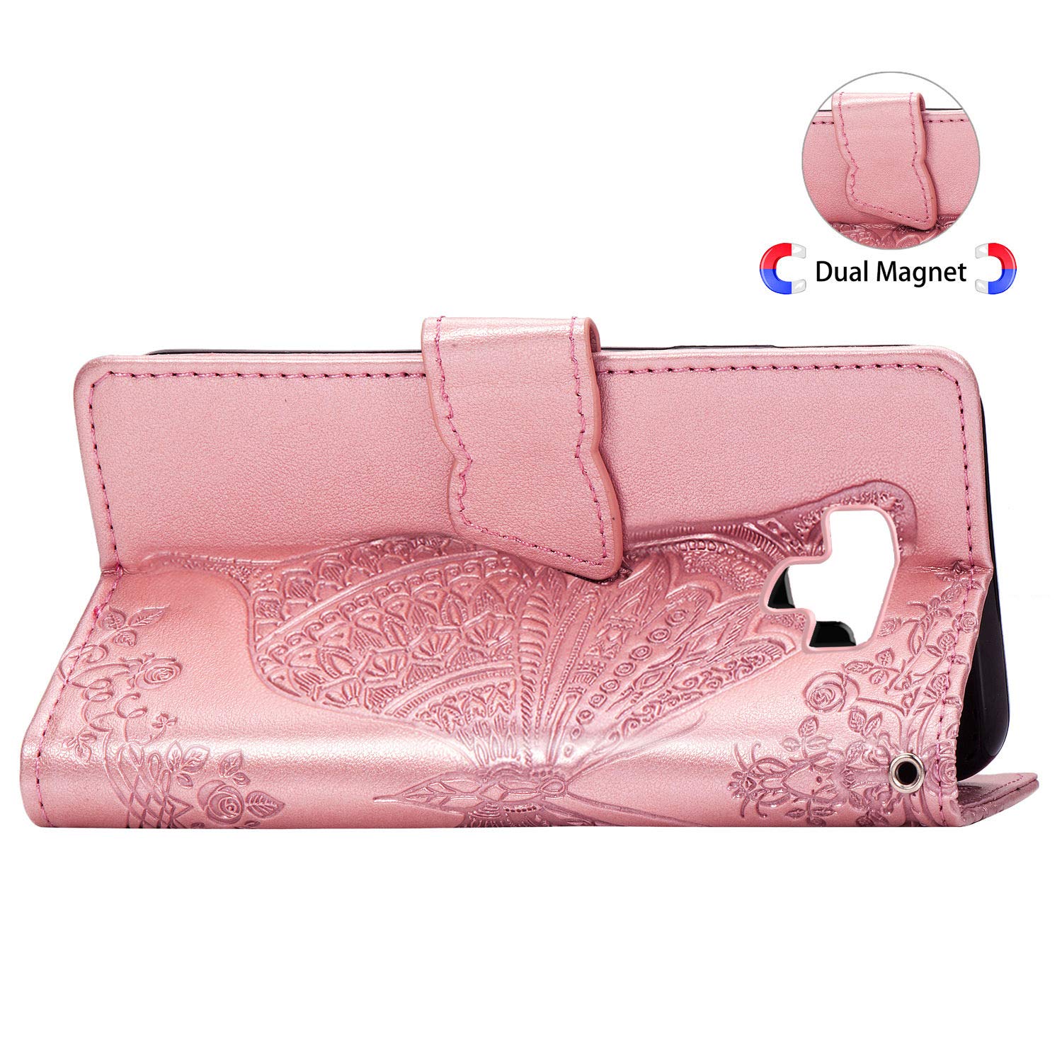 3D Butterfly Flower Embossed Leather Wallet Case for Samsung Galaxy Note 9 - Slim Flip Protective Cover with Magnetic Closure, Credit Card Slots & Kickstand Function (Rose Gold) | Perfect for Daily Use, Travel & Hands-Free Viewing