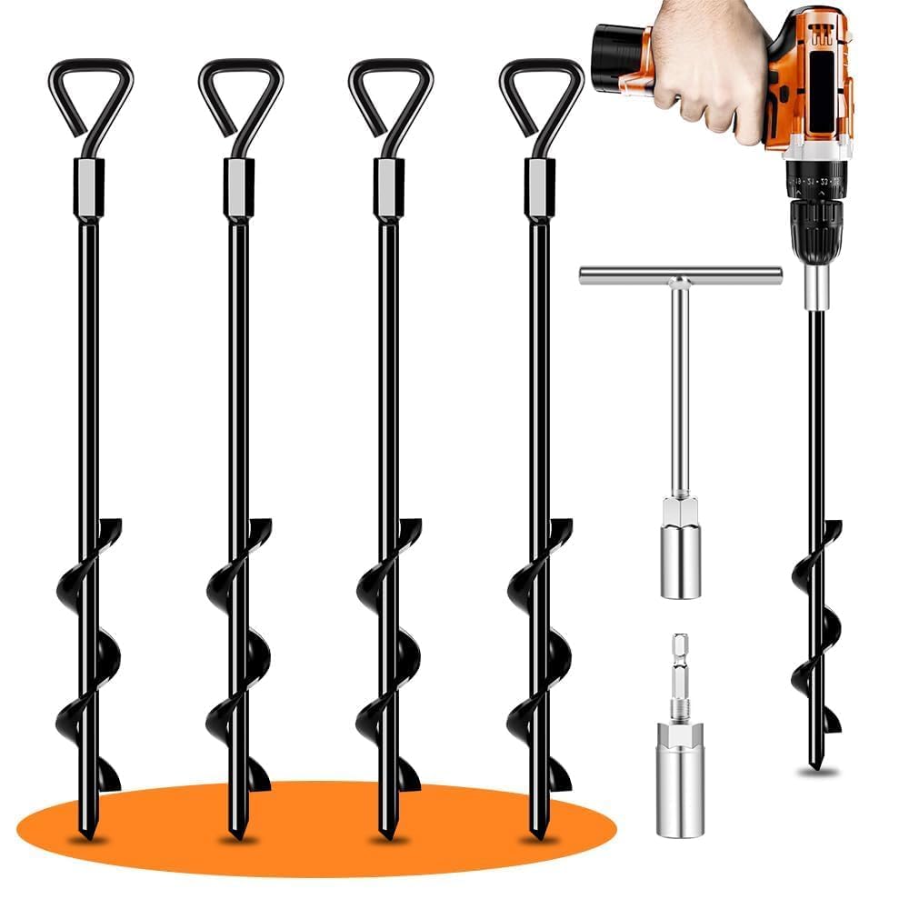 Heavy Duty Ground Anchors & Screw-in Tent Stakes Kit - 4 Pack for High Winds, Camping Tents, Canopies, Trampolines, Sheds, Swing Sets & Mobile Homes | Secure Outdoor Equipment in Storms & Strong Winds