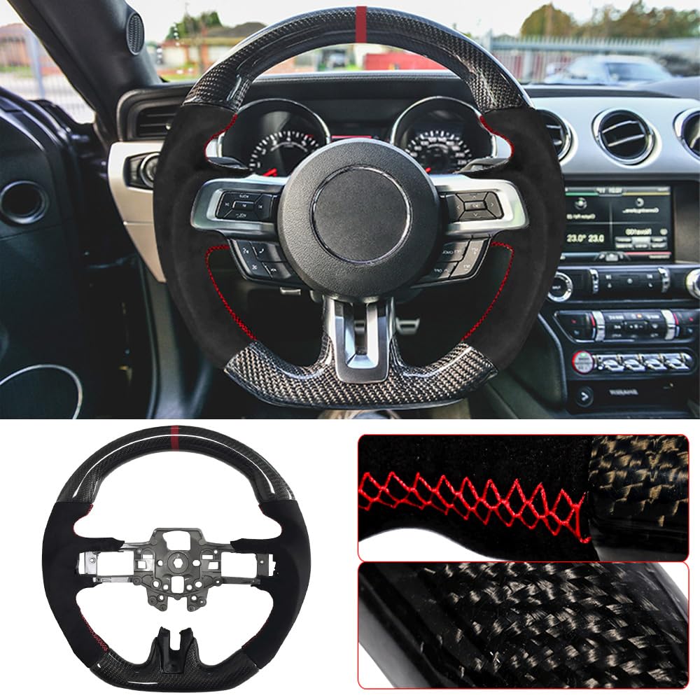 IKON MOTORSPORTS V3 Style Carbon Fiber Steering Wheel with Red Synthetic Suede Ring - Compatible with 2015-2017 Ford Mustang | Perfect for Racing, Drifting & Performance Driving
