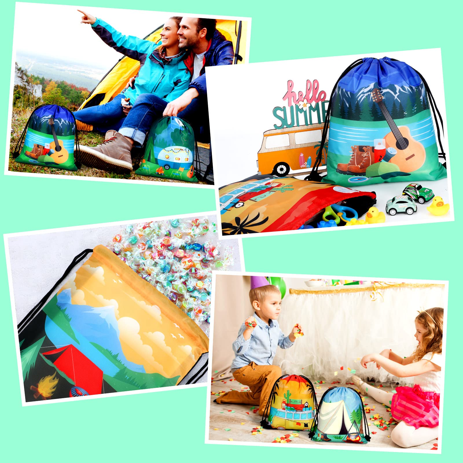 24-Piece Camping Party Favors Set - Adventure Themed Drawstring Bags for Kids, Candy Goodie Bags, Birthday Party Supplies & Outdoor Activities - Perfect for Camping Trips, School Events & Birthday Celebrations