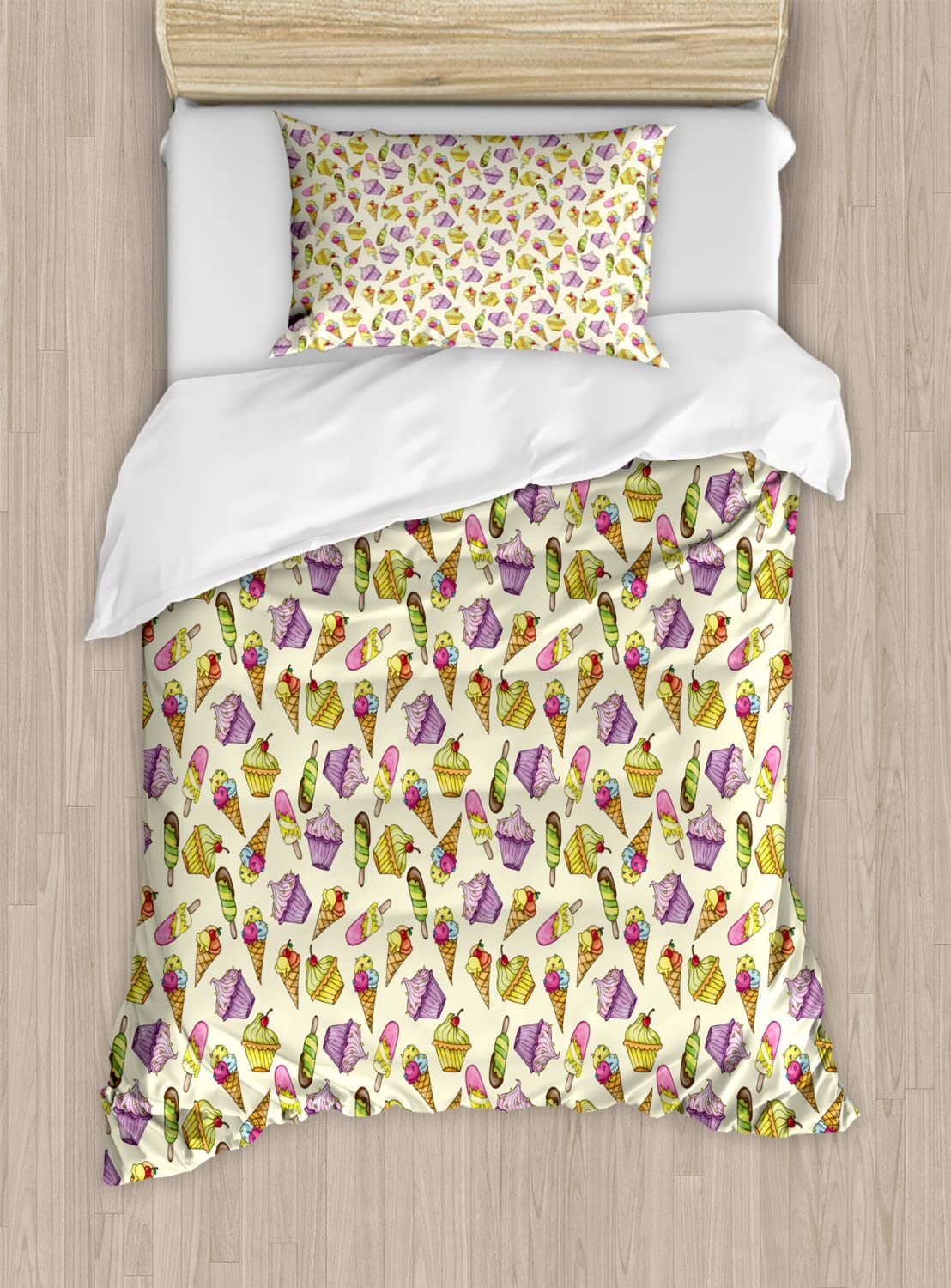 Ambesonne Ice Cream Duvet Cover Set - Queen Size 2-Pack with 4 Pillowcases | Yummy Cupcakes Chocolate Party & Cherry Cones Fruit Theme Bedding | Soft Multicolor Comforter Cover for Sweet Dreams & Kids Room Decor