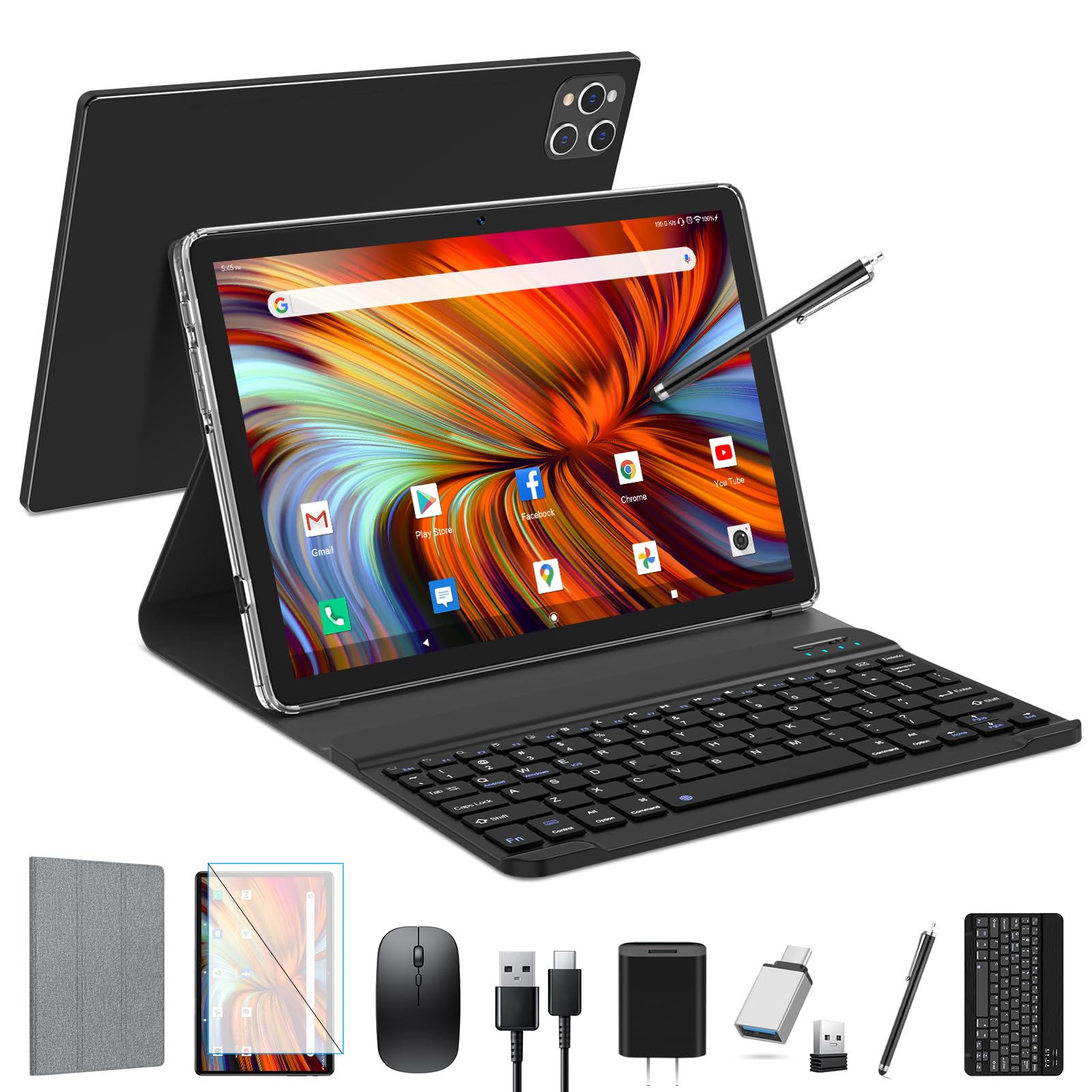 2025 Latest 10 Inch Android 13 Tablet with Keyboard - 128GB ROM, 16GB RAM, Octa-Core Processor, 5G/WiFi, 1080FHD Display, 13MP+8MP Dual Camera, Bluetooth 5.0, GPS, Includes Mouse & Case (Black) - Perfect for Work, Study, and Entertainment