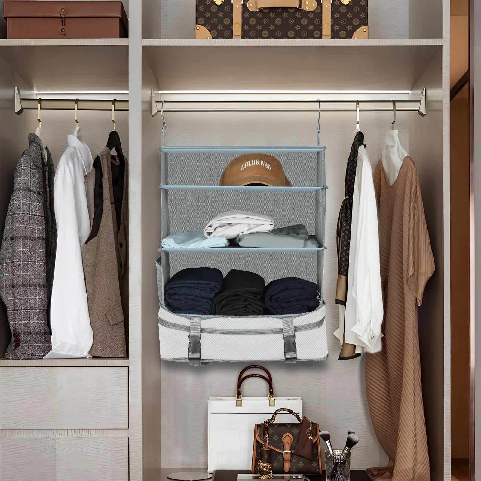 Premium Durable Hanging Travel Shelves & Oxford Packing Cubes for Suitcases - Portable Luggage Organizer for Carry-On, Closet & Travel (White) - Perfect for Business Trips, Vacations & Home Storage