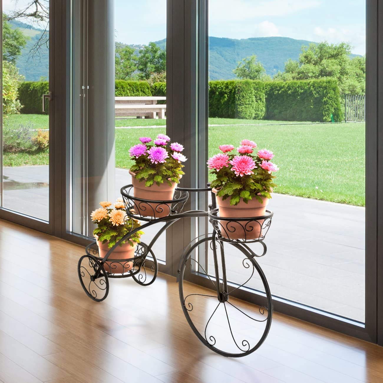 Black Indoor Outdoor Garden Plant Stand - Tricycle Flower Pot Holder for Herbs, Flowers, and Plants | Perfect for Patios, Porches, Balconies, and Home Decor