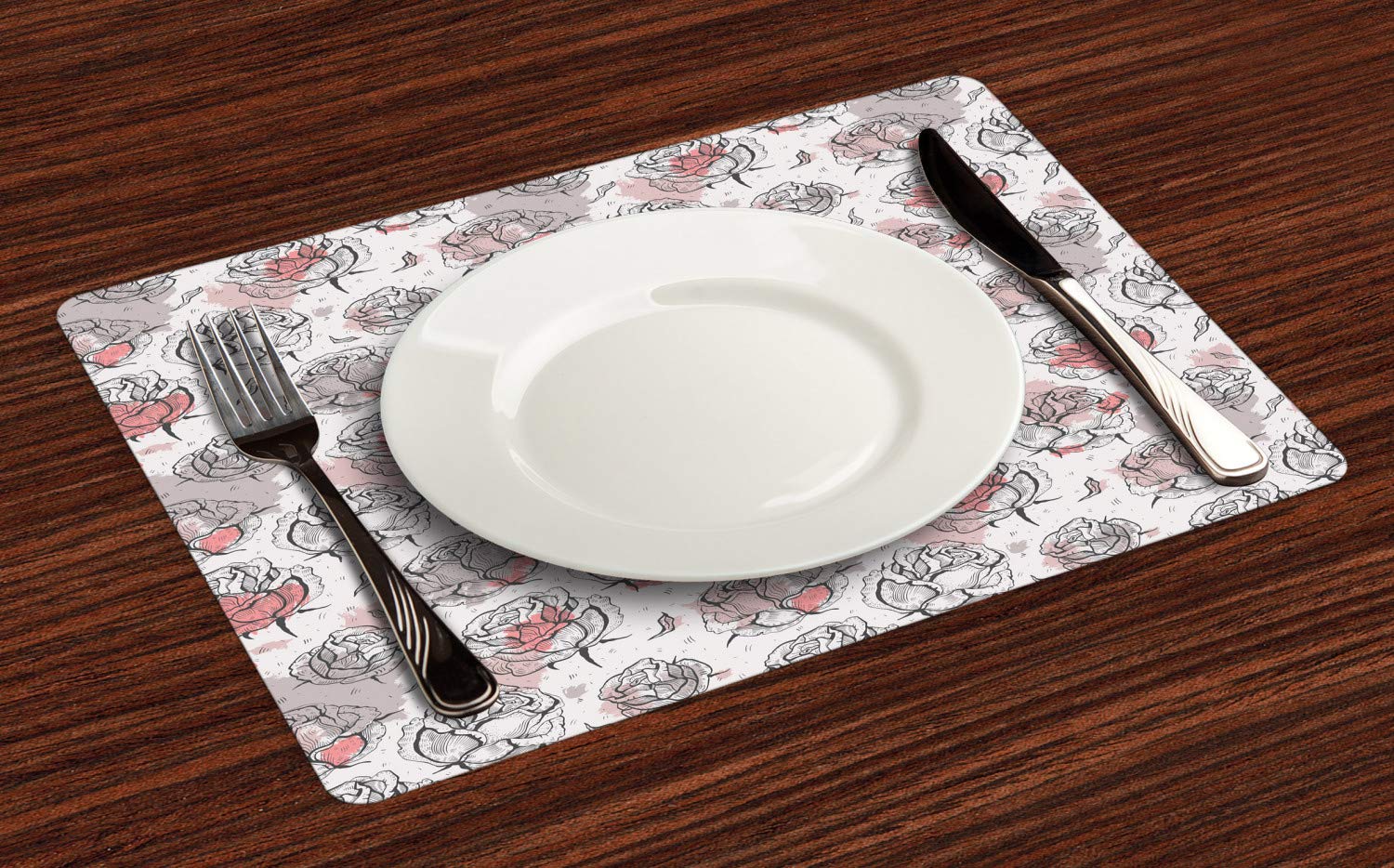 Ambesonne Rose Place Mats Set of 4 - Romantic Floral Washable Fabric Table Mats for Dining, Kitchen, Party - Standard Size in Pastel Pink, Pale Rose, Charcoal Grey & Eggshell - Perfect for Valentine's Day, Anniversary & Home Decor
