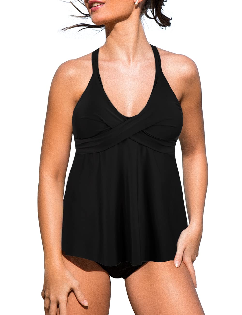 Hilor Women's Tummy Control Twist V Neck Tankini Top - Flowy Swimwear for Women, Bathing Suit for Swimming, Beach & Vacation | Plus Size Swim Top with Slimming Design