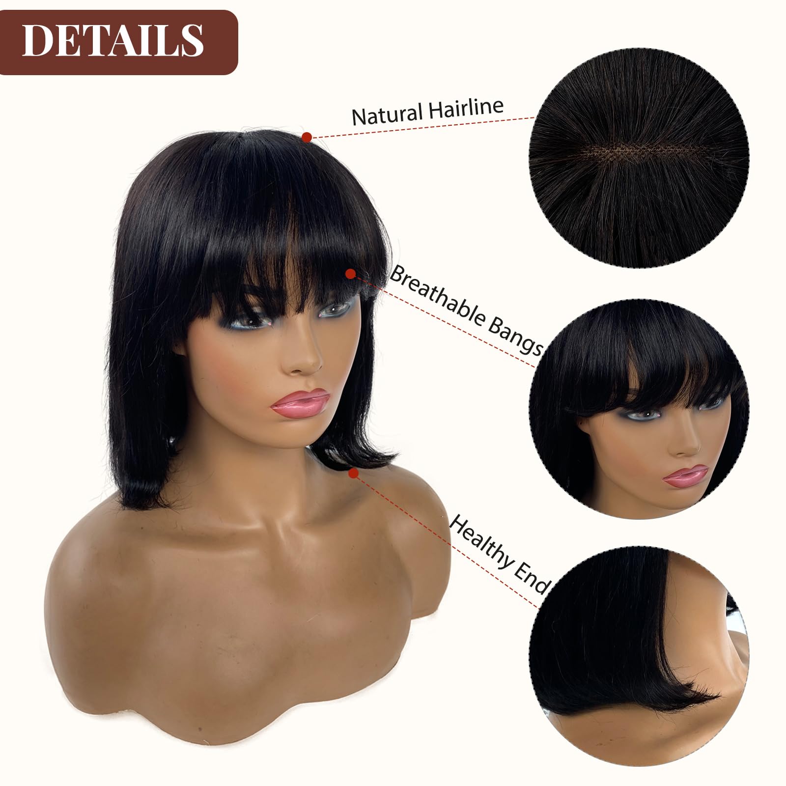 Yaki Straight Short Bob Wig with Bangs for Black Women - 100% Human Virgin Hair, 2x1 Lace Scalp, 14