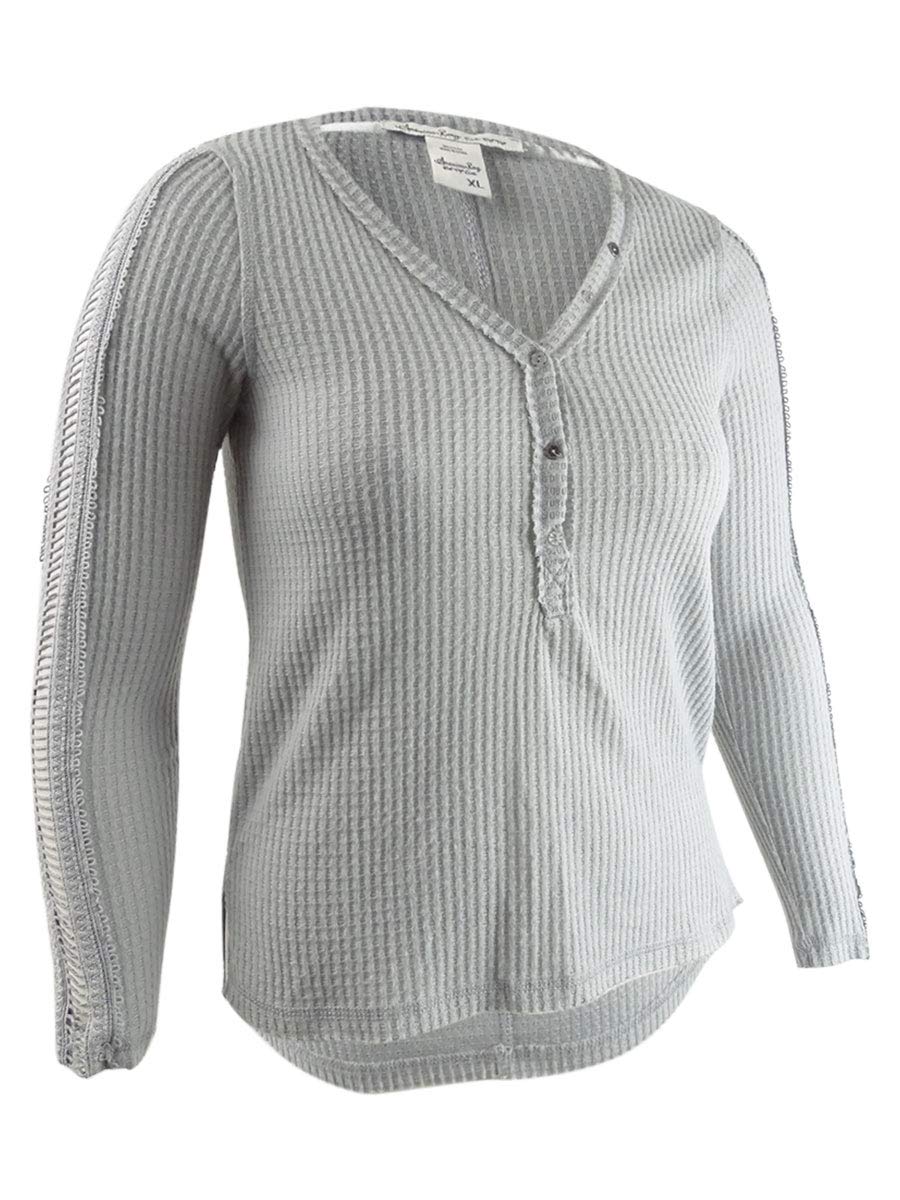 American Rag Juniors' Crochet-Trimmed Waffle-Knit Henley Top - XL Size in Heather Grey | Casual Chic Style for Teens & Young Adults | Perfect for Spring Outfits, Beach Cover-Ups & Boho Fashion Looks