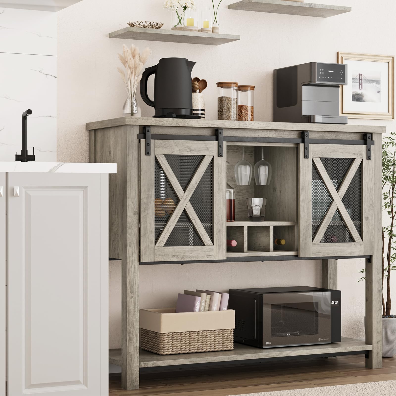 IDEALHOUSE Farmhouse Coffee Bar Cabinet with Wine Glass Rack & Storage - Sideboard Buffet for Kitchen, Dining & Living Room - Perfect for Entertaining & Home Bar Setup (Grey)