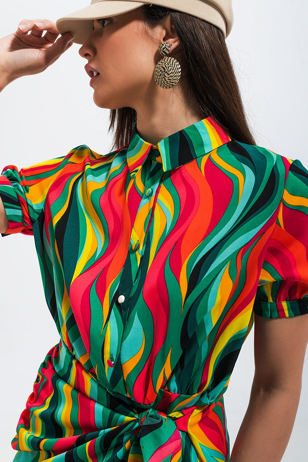 Green Swirl Print Short Wallet Shirt Dress for Women | Casual Summer Outfit & Beach Cover-Up