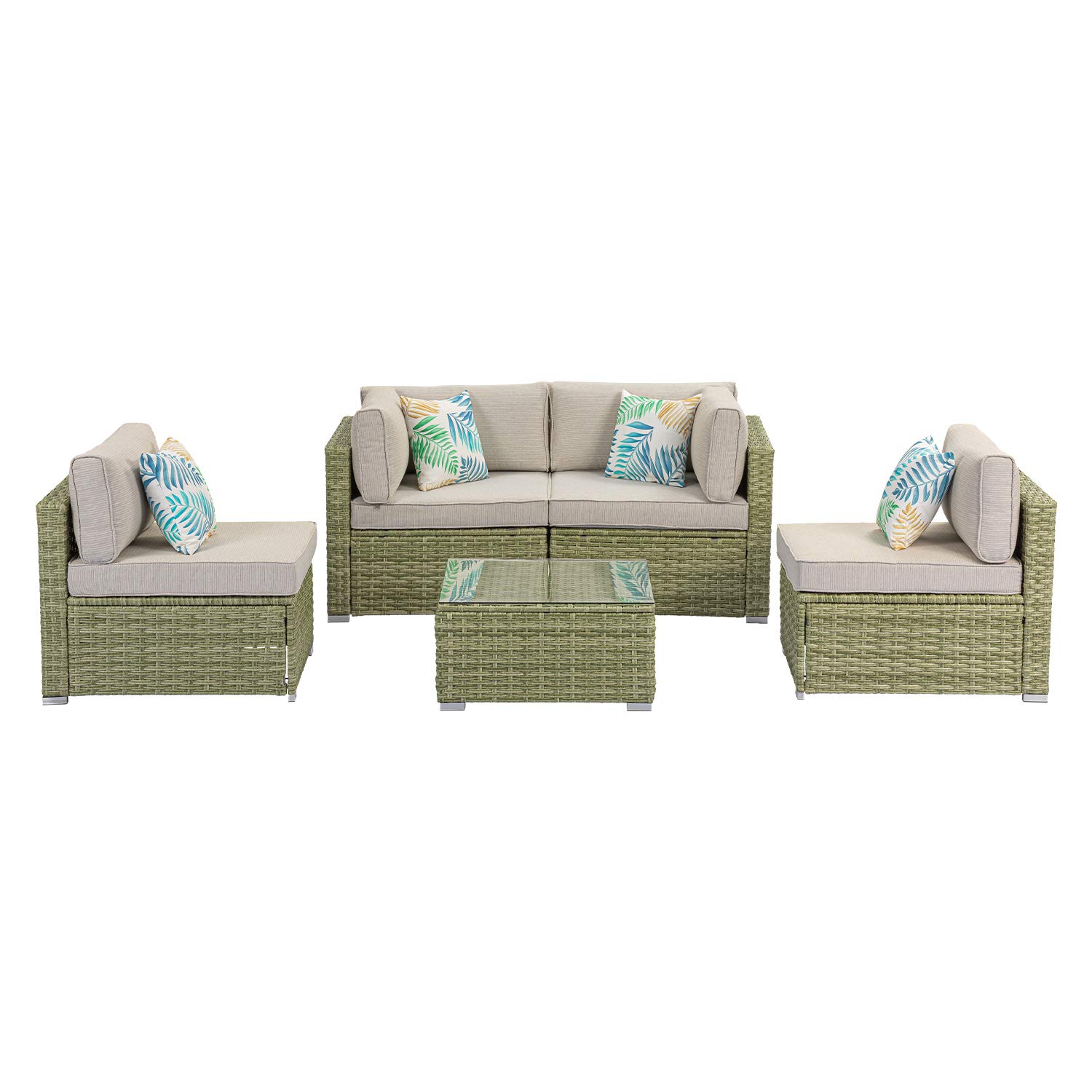 SUNBURY 5-Piece Outdoor Patio Furniture Set - PE Rattan Sectional Wicker Sofa in Olive Green with Beige Cushions, 4 Pillows & Coffee Table for Backyard, Garden, Poolside or Balcony Relaxation