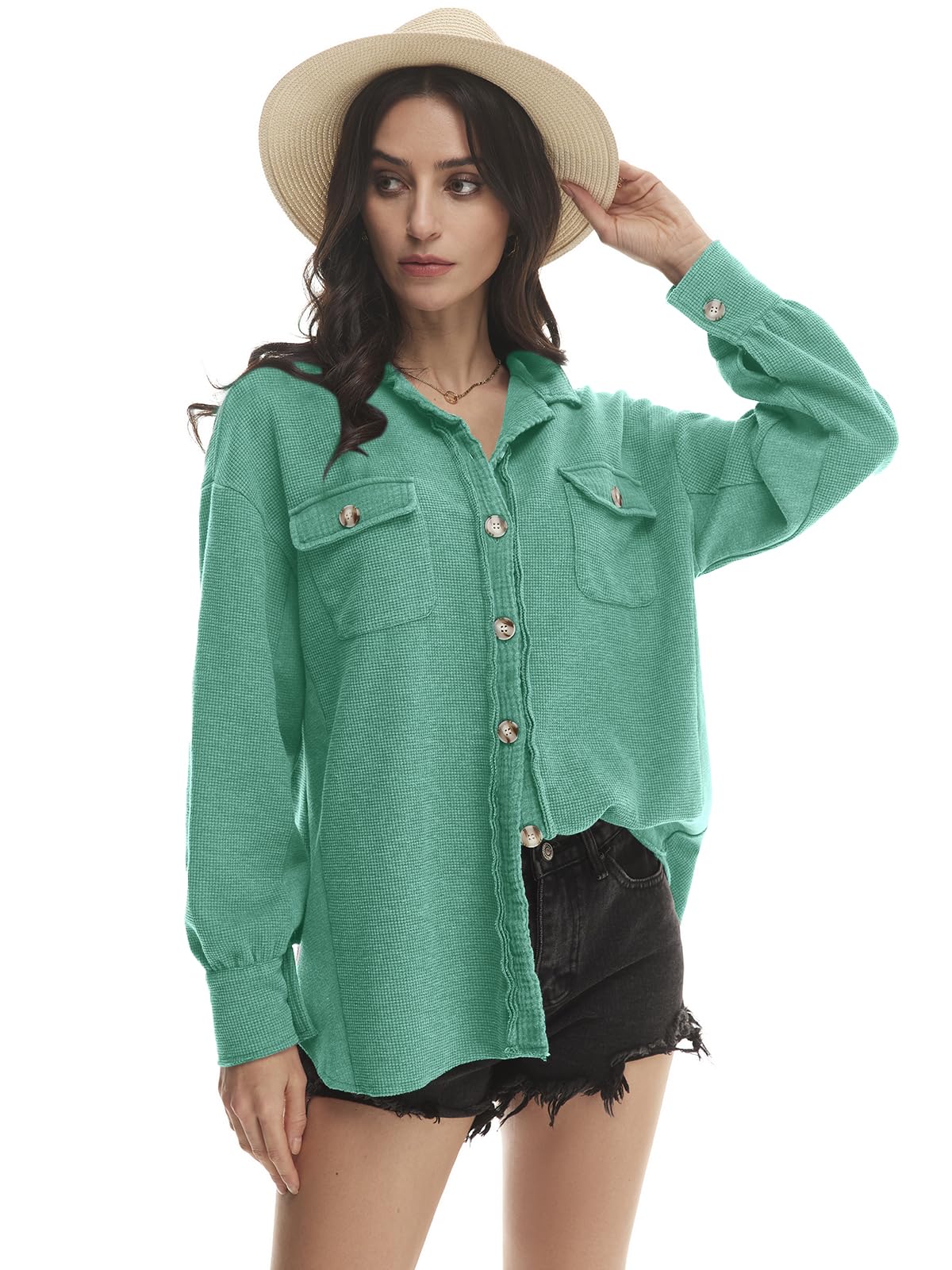 Yanekop Women's Waffle Knit Button Down Shacket - Oversized Long Sleeve Shirt Jacket for Women | Trendy Fall & Winter Outfits 2025 | Perfect for Casual Wear, Layering and Office Style