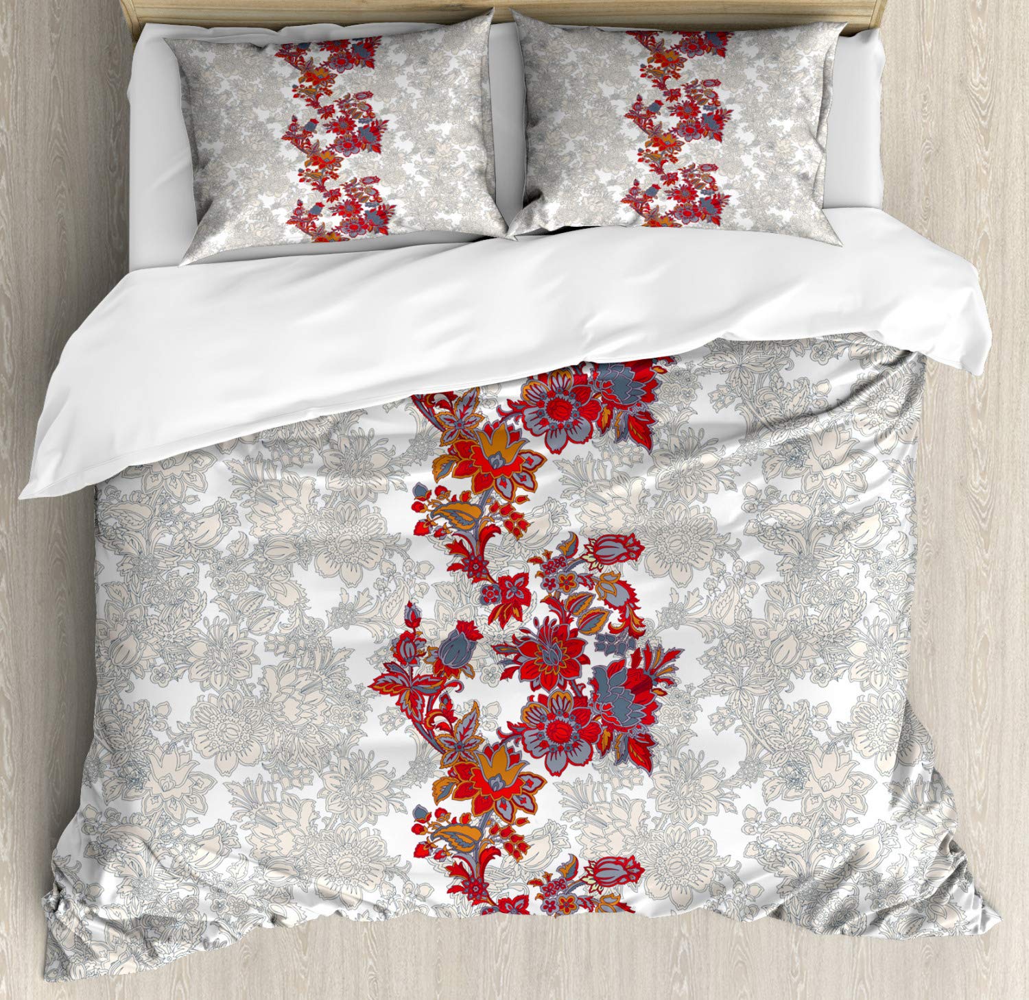 Ambesonne Floral Duvet Cover Set - Romantic Bohemian Style with Narcissus, Magnolia & Rose Vibrant Print - 2 Duvet Covers & 4 Pillowcases - 2 Pack California King Size - Red Black Grey - Perfect for Master Bedroom, Guest Room & Bohemian Home Decor