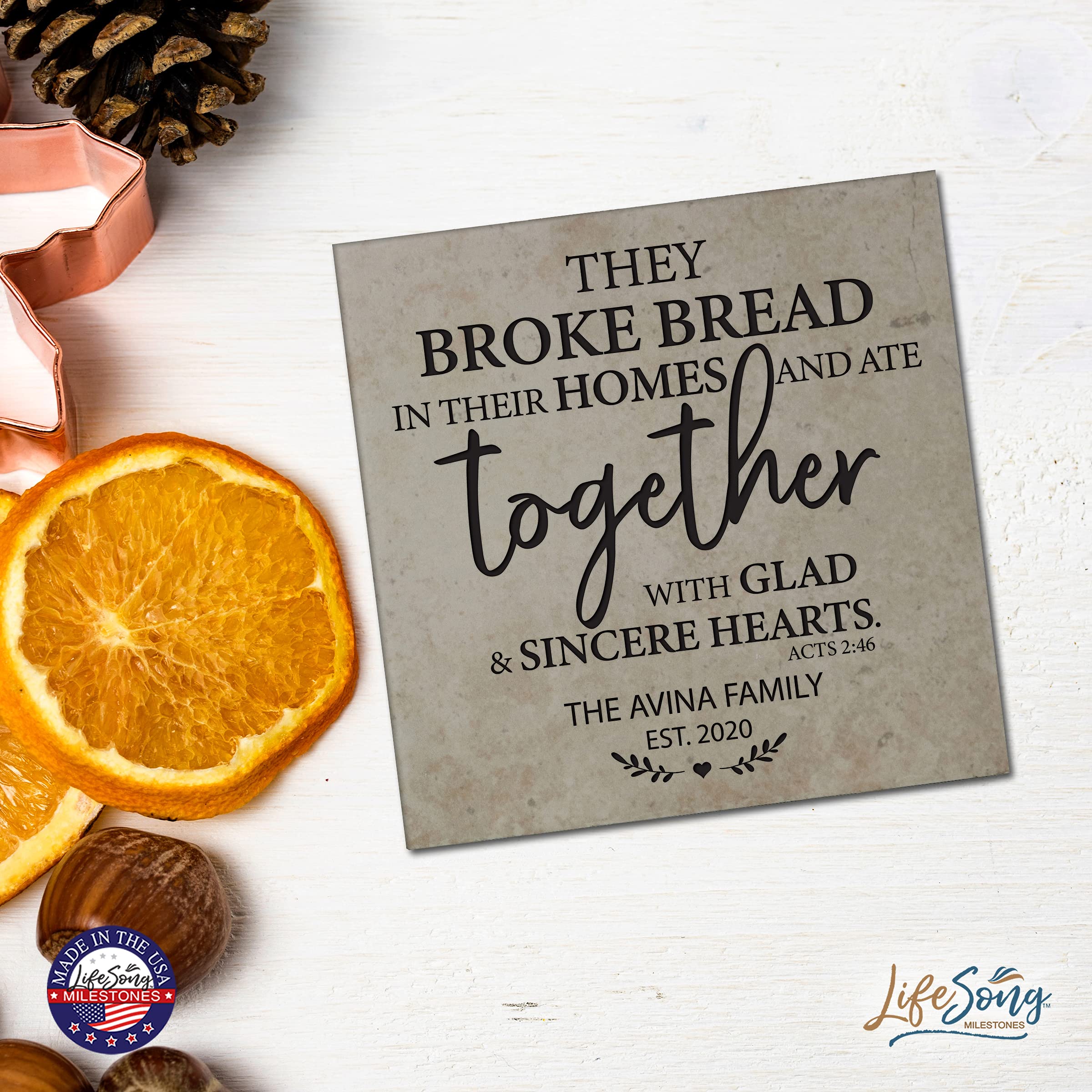 LifeSong Milestones Personalized Ceramic Trivets - Heat Resistant Kitchen Decor Accessories for Table Insulation - 5.75x5.75 Inch Home & Office Gift (They Broke Bread Design) - Perfect for Dining Tables, Coffee Bars & Holiday Gatherings
