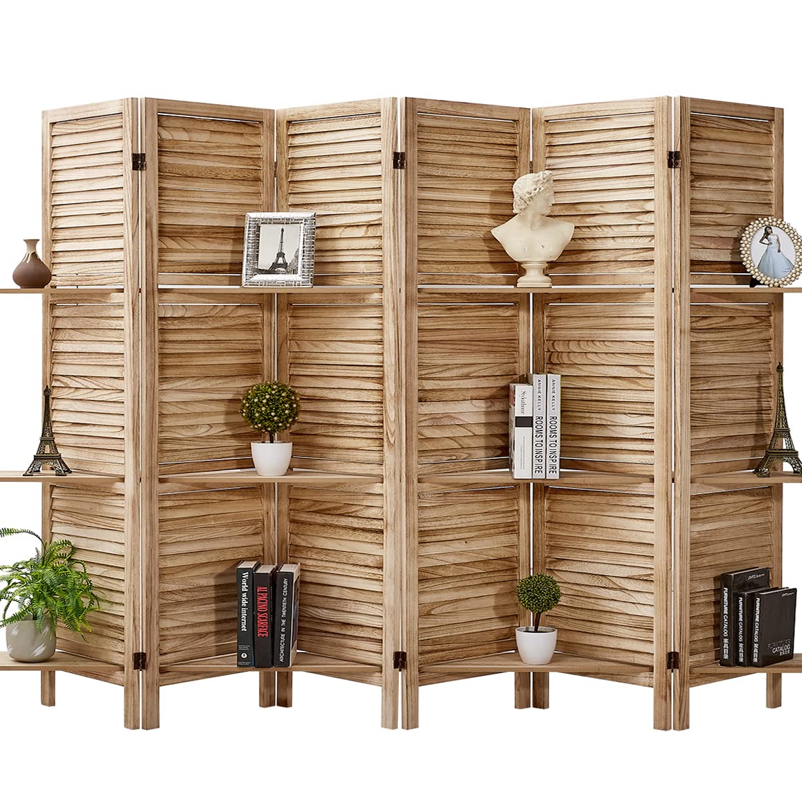 5.6 Ft Tall Wood Room Divider Panel - Folding Privacy Screen with Shelves for Home & Office - Natural Finish 6 Panel - Perfect for Living Room, Bedroom, or Workspace Partition