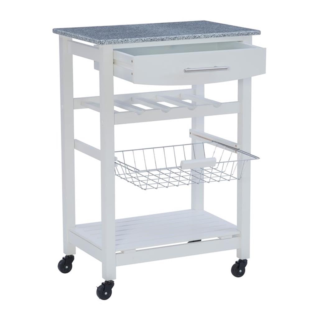 Linon Natalie White Wood Rolling Kitchen Island with Granite Top - Extra Storage for Small Kitchens, Pantry Organizer, Mobile Prep Station for Cooking & Baking