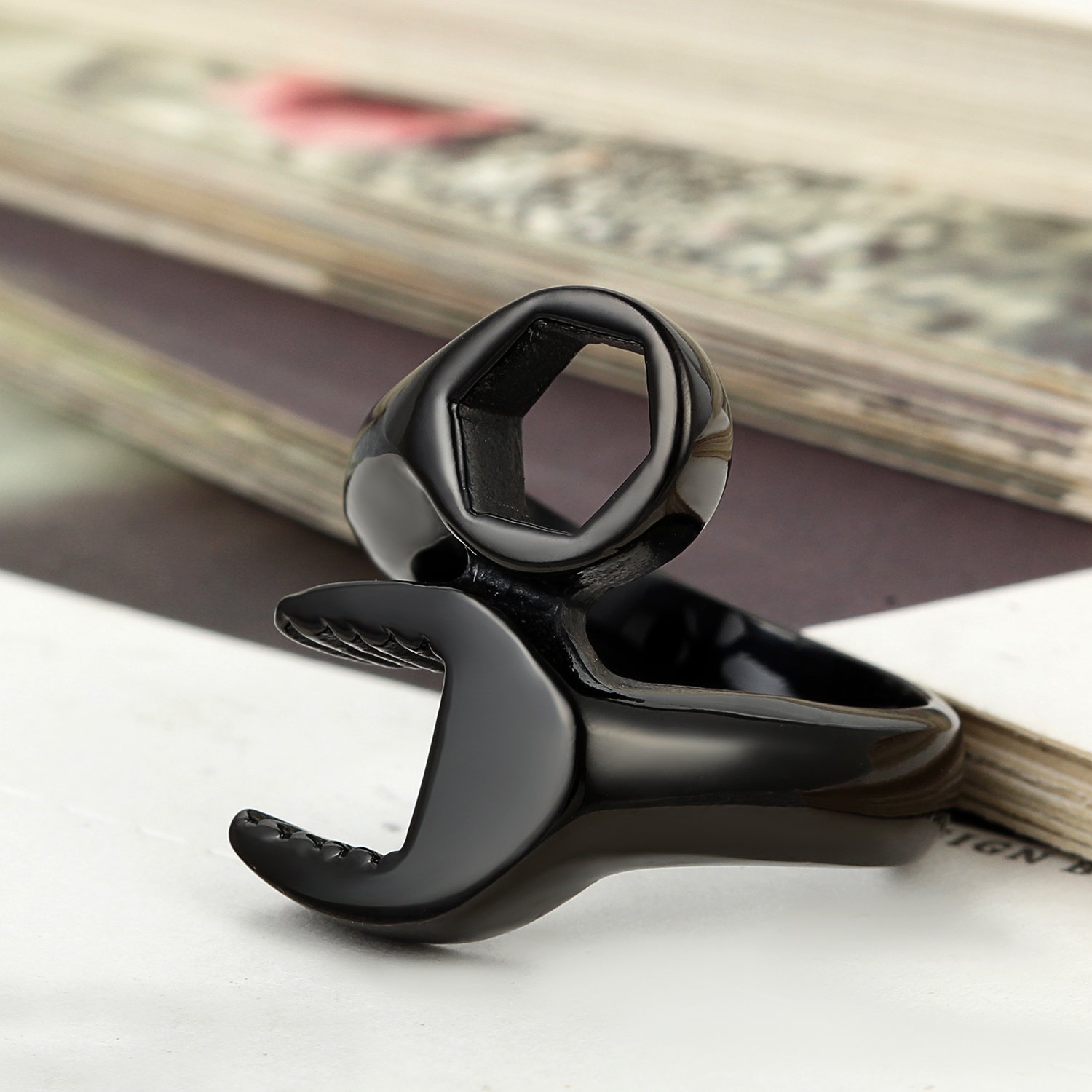 Men's Biker Mechanic Wrench Tool Ring - Stainless Steel Jewelry Gift for Motorcycle Riders - Black Polished Band - Perfect for Biker Gangs, Motorcycle Clubs & Gearhead Gifts