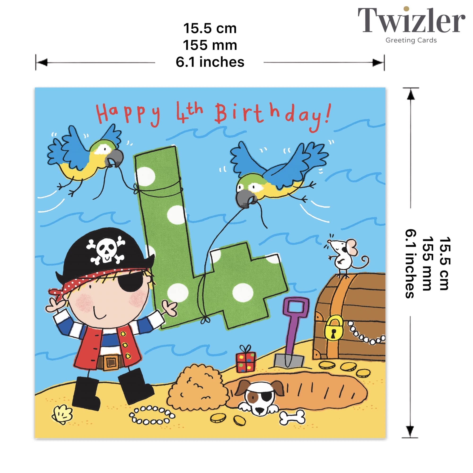 Twizler Pirate-Themed 4th Birthday Card for Boys - Happy Birthday Greeting Card for 4 Year Old - Kids Birthday Party Invitation & Celebration - Perfect for Pirate Parties & Gift Giving