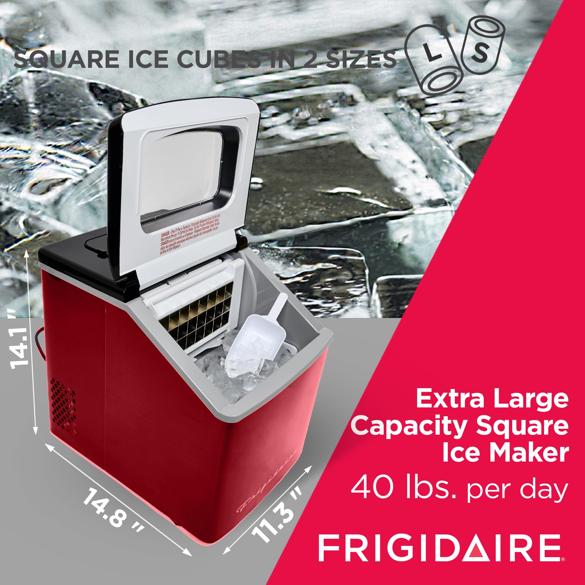 Frigidaire EFIC452-SSRED XL Commercial Ice Maker - 40 lbs. Daily Clear Square Ice Cubes, Stainless Steel & Red Finish - Perfect for Restaurants, Bars, and Home Entertaining