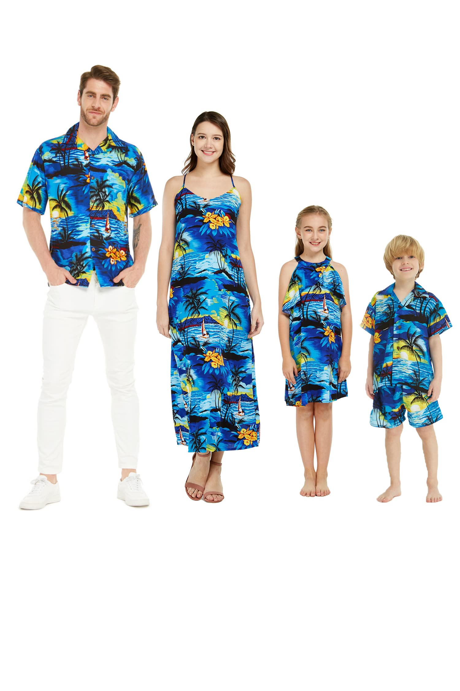 Hawaiian Luau Outfits for Family - Matching Aloha Shirts & Dresses in Sunset Blue for Men, Women, Boys & Girls | Perfect for Beach Parties, Summer Vacations & Tropical Themed Events