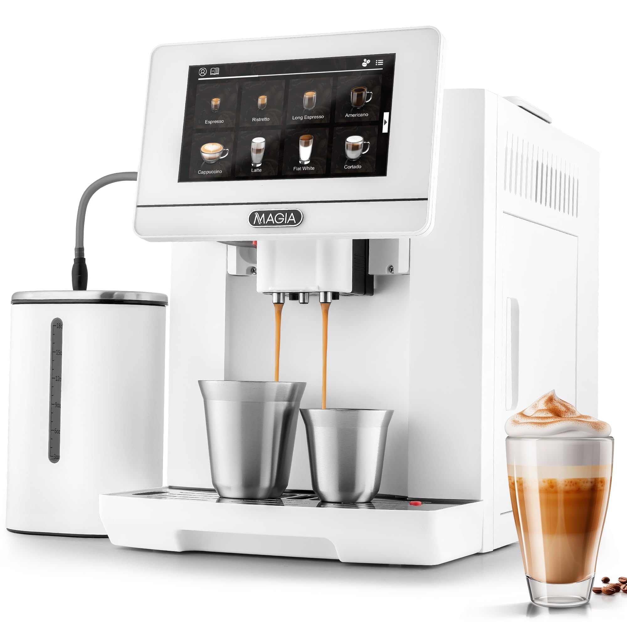 Zulay Magia Fully Automatic Espresso Machine with Built-in Grinder - 19 Customizable Coffee Options - Includes Insulated Milk Frother & Premium Espresso Cups - Auto-Cleaning System for Easy Maintenance - White (Perfect for Home Baristas & Office Coffee Stations)
