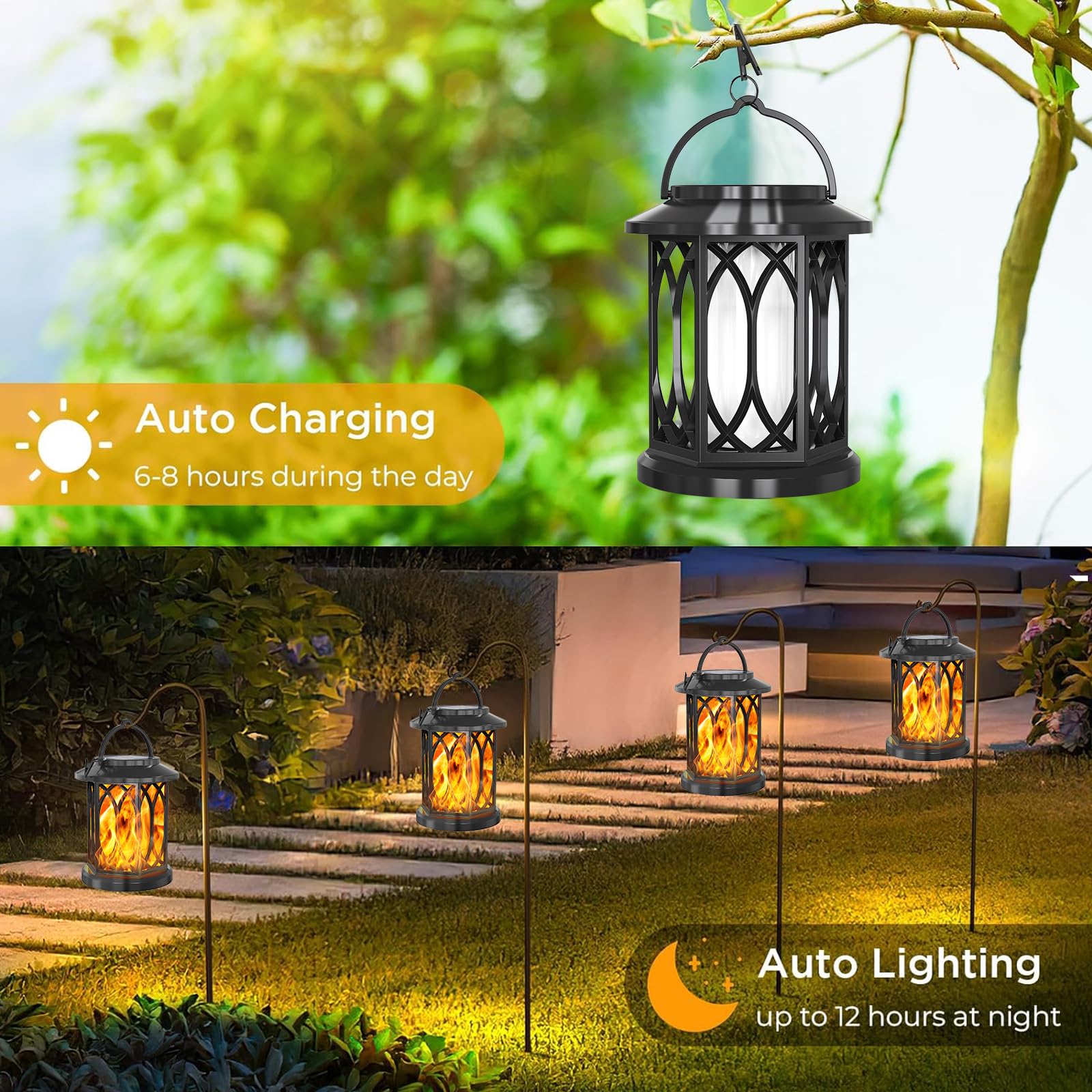 Flickering Solar Lanterns Outdoor Waterproof - 2 Pack Hanging Solar Lights for Garden, Patio, Yard, Porch & Tabletop Decor | Perfect for Camping, BBQ Parties & Romantic Ambience