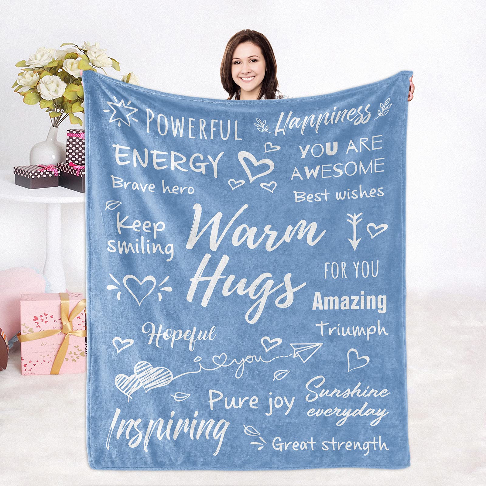 Get Well Soon Gifts for Women & Men - Inspirational Warm Hugs Throw Blanket (50x60 Inches, Blue) | Perfect for Hospital Recovery, Chemotherapy Comfort & Cozy Home Use