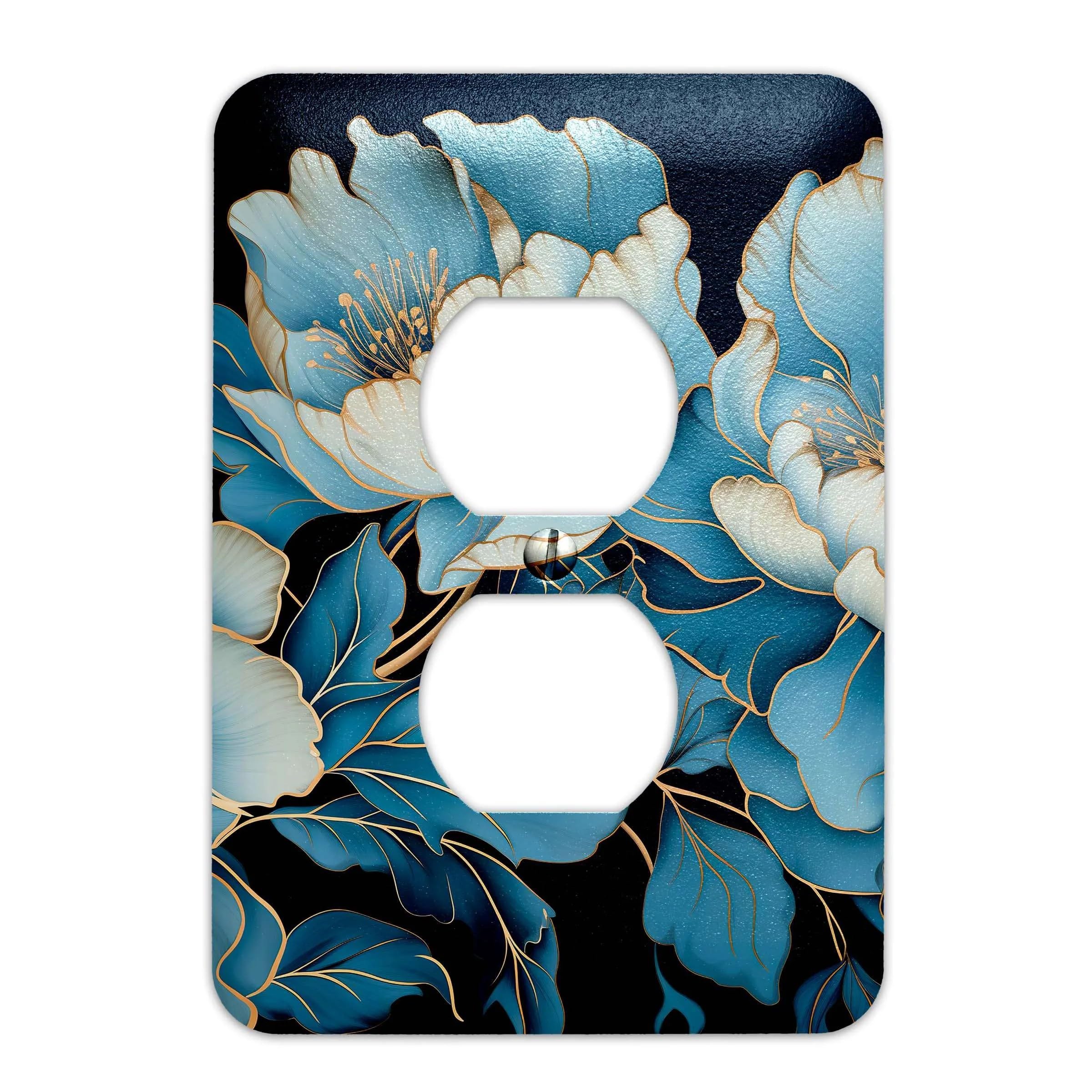Blue Floral with Gold Accents Metal Light Switch Plate Cover - Decorative Single Rocker Wall Plate - Various Sizes Available #4762 - Perfect for Bedroom, Living Room & Home Decor