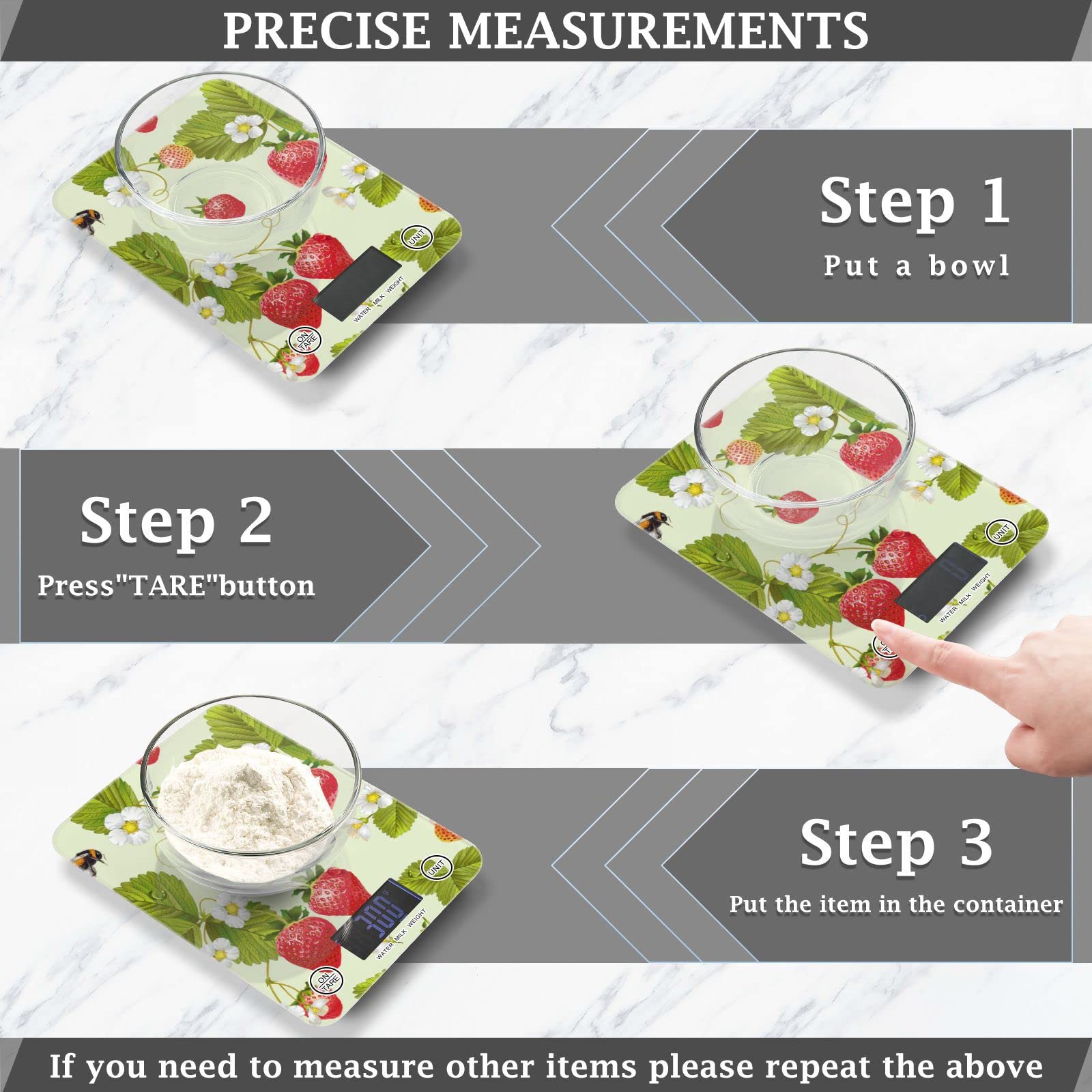 11lb Digital Kitchen Scale with Strawberry Design - Waterproof Food Scale for Ounces & Grams - Perfect for Weight Loss, Coffee, Baking, Cooking & Meal Prep