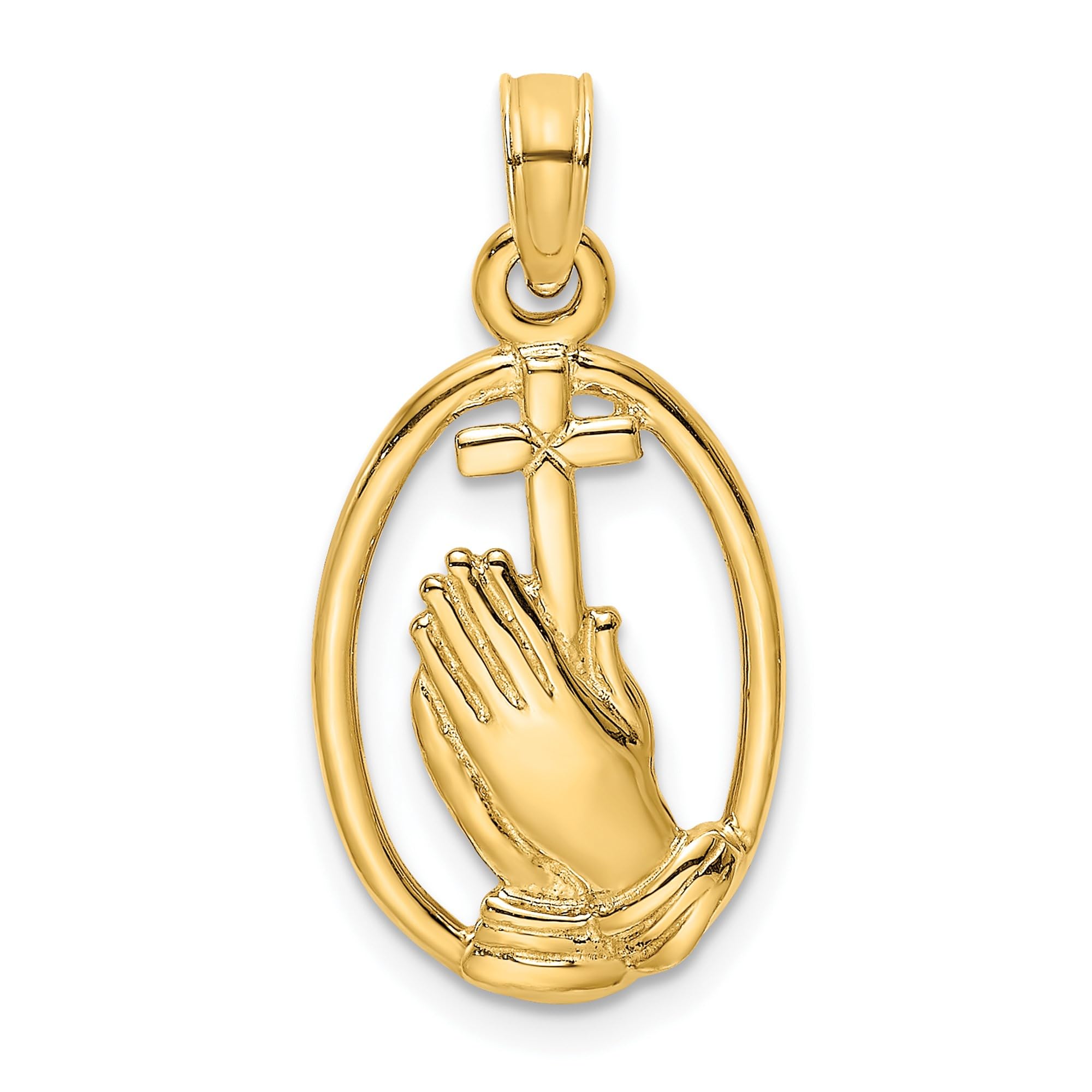 14K Solid Yellow Gold Jesus Christ Praying Hands Pendant Necklace with Holy Cross Charm - Religious Jewelry for Women, Gift for Baptism, First Communion & Church Occasions
