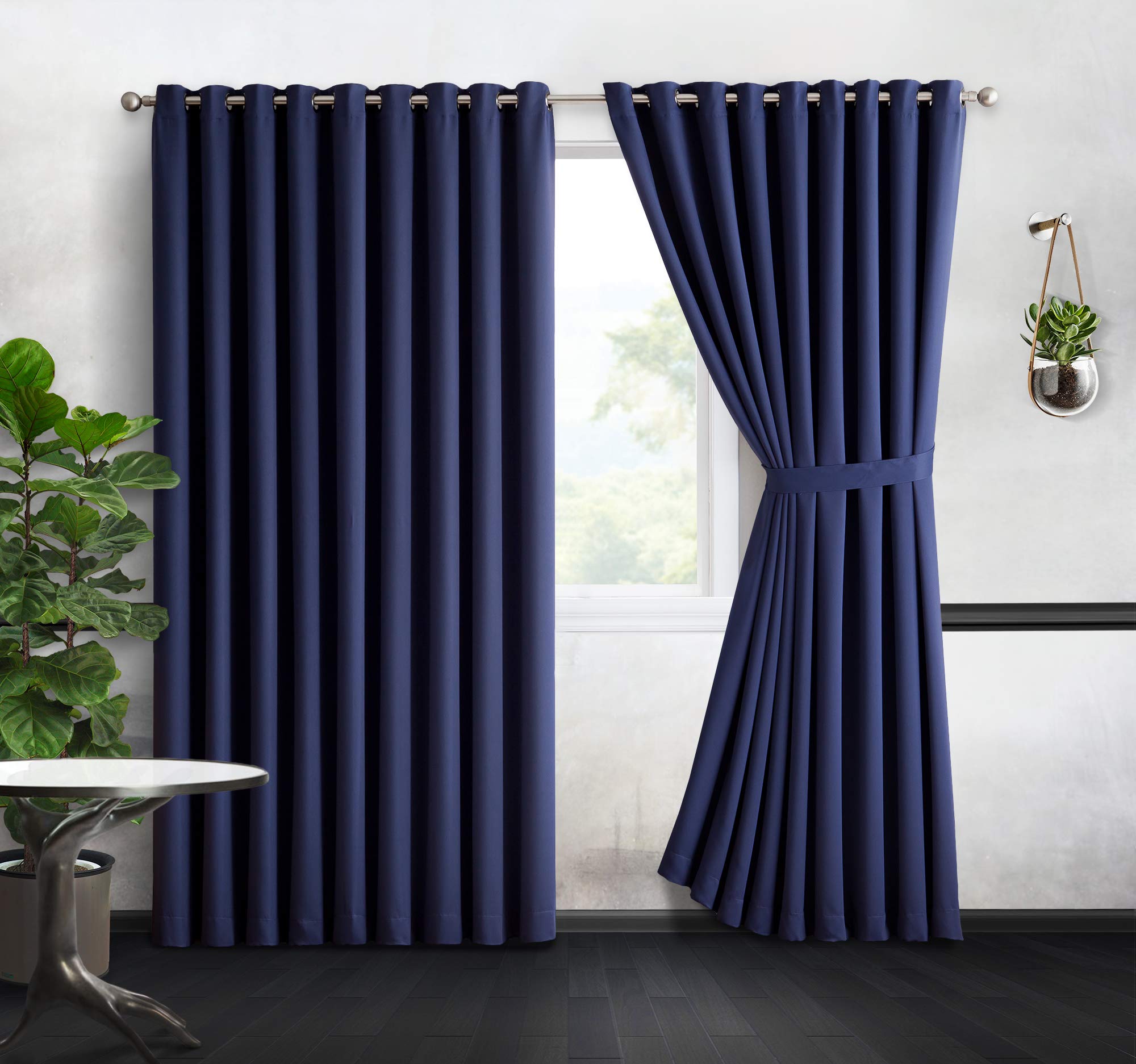DecoSource Blackout Curtains 108 Inch Long - 2 Panels Set (216 Inch Total Width) - Thermal Insulated Grommet Drapes for Bedroom & Living Room - Navy Blue Window Treatment with Tiebacks - Noise Reducing & Energy Saving Home Decor