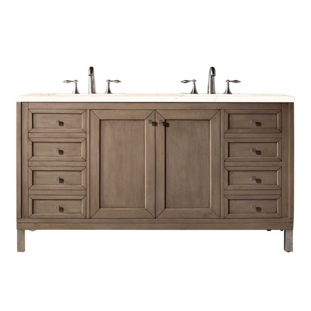 James Martin Vanities Chicago Collection 60-inch Double Bathroom Vanity in Whitewashed Walnut with Optional Countertops - Perfect for Master Bathroom Renovation and Modern Home Decor
