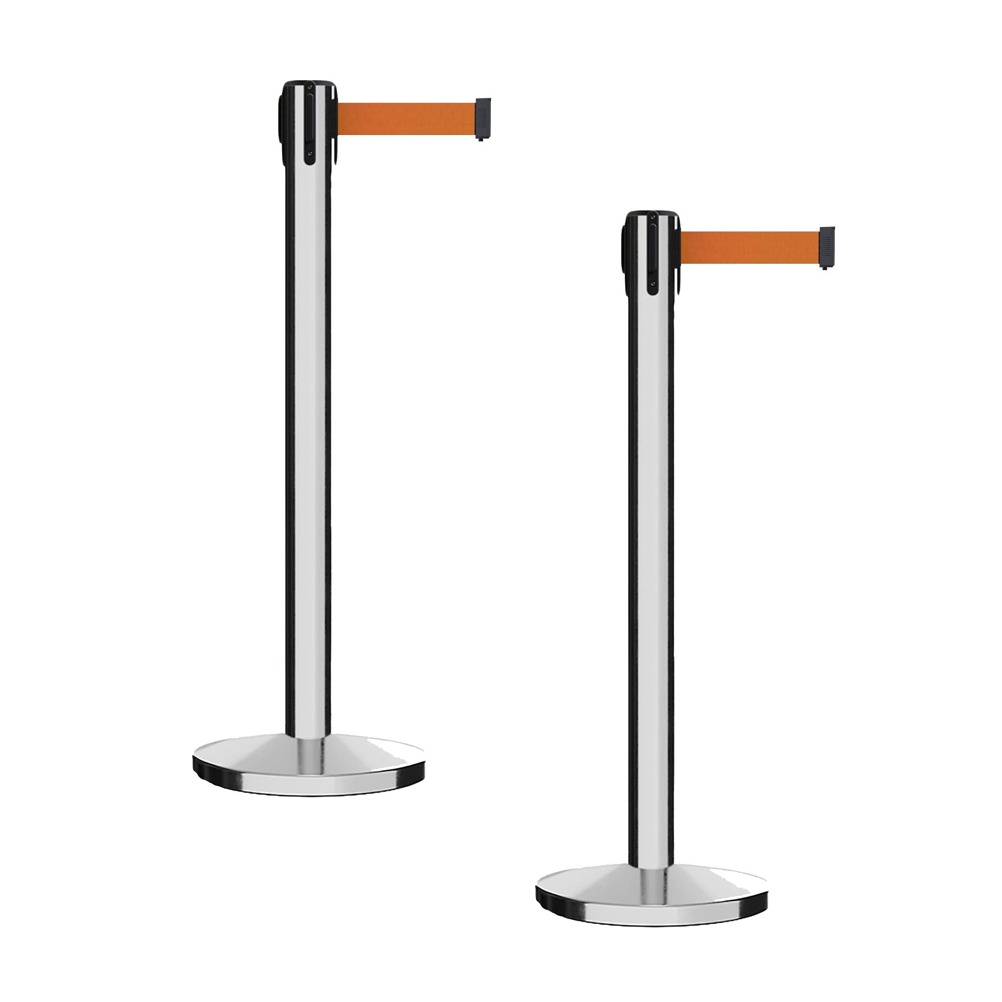 Montour Line MI650 Set of 2 Retractable Belt Barrier Stanchions with Cast Iron Base & Polished Stainless Steel Post - 16 ft Orange Belt for Crowd Control, Event Queue Management, and Retail Store Organization