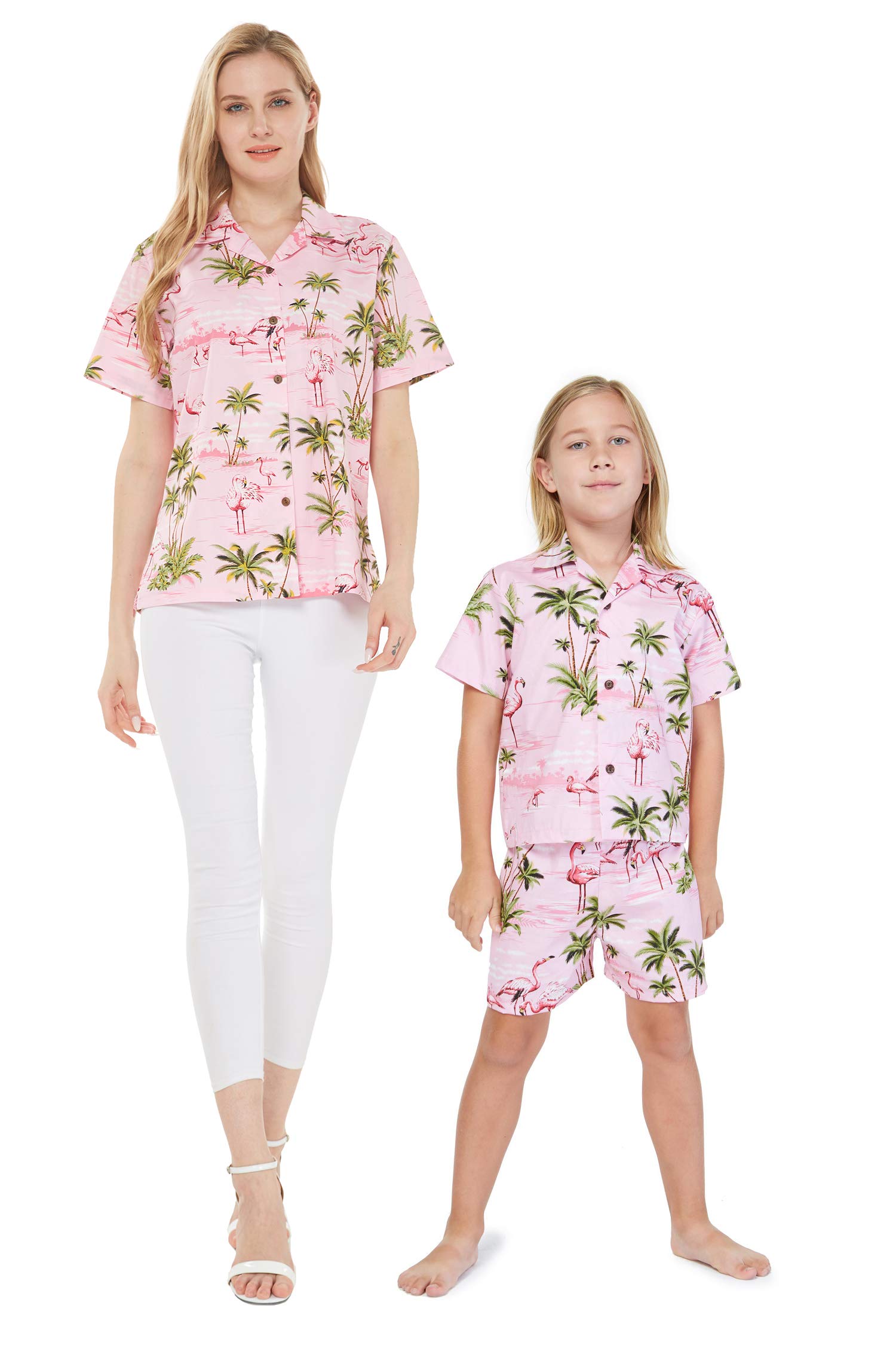 Stylish Matching Mother & Son Hawaiian Shirts - Pink Flamingo Print on Turquoise Fabric | Perfect for Beach Vacations, Family Photos & Tropical Getaways
