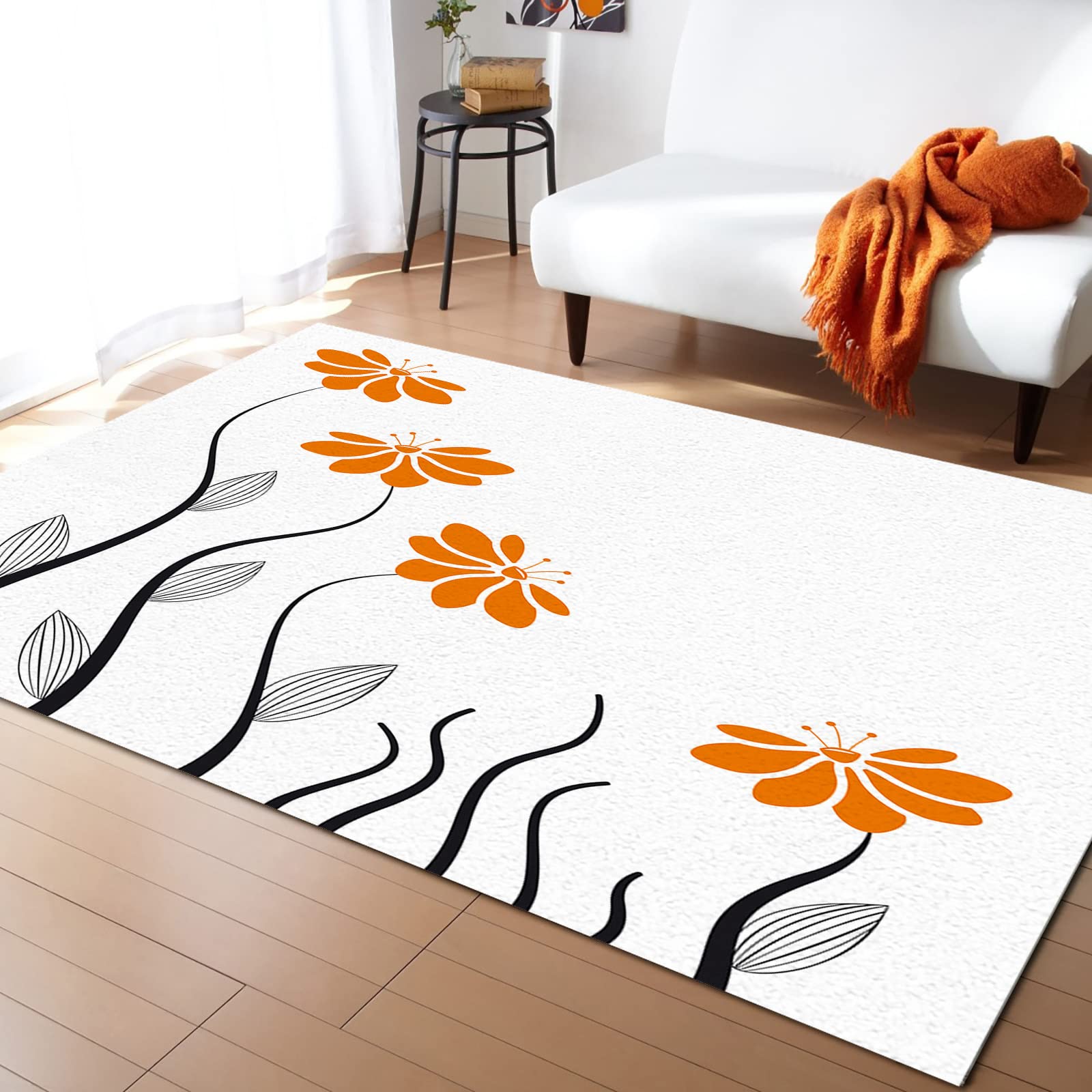 5'x8' Washable Area Runner Rug - Orange Aqua Floral Striped Leaves Modern Geometric Print for Kitchen, Living Room, Bathroom, Bedroom | Non-Slip Bath Mat Perfect for Homes with Pets & Kids