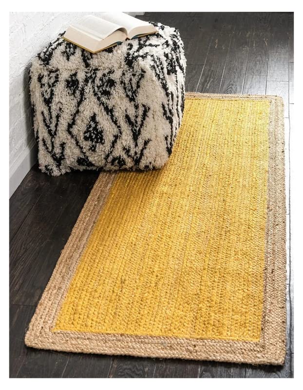 Handwoven Indian Jute Rug – Natural Bohemian Boho Area Rug 2.5x8 Ft Runner in Yellow | Eco-Friendly Floor Decor for Living Room, Bedroom & Hallway | by BALAJIARTCRAFTS