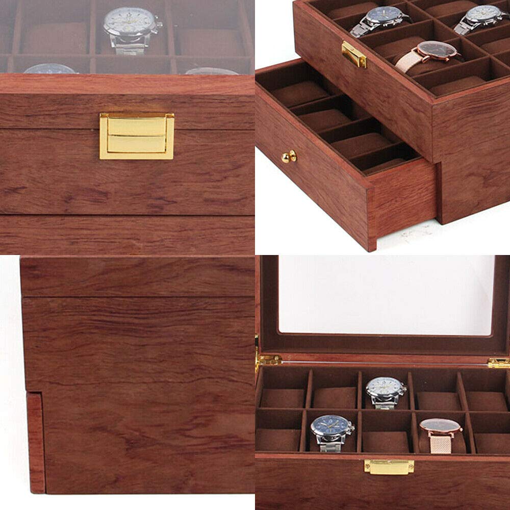 20-Slot Watch Organizer Box with Acrylic Top Lid - 2 Layer Wooden Watch Display Case for Men & Women - Perfect for Watch Collection Storage, Travel, and Gift Giving (Rosewood)