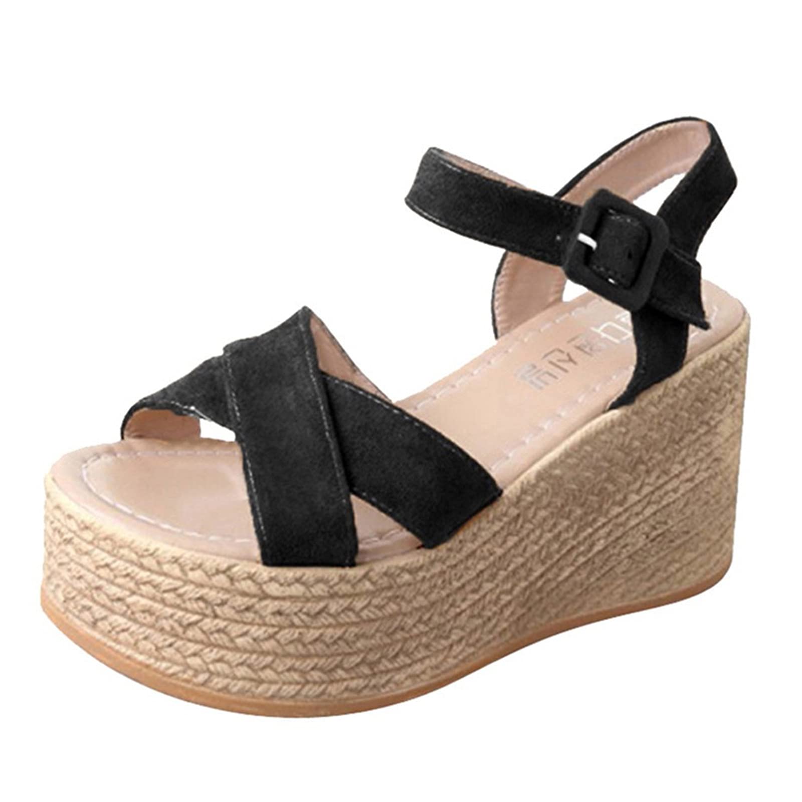 Women's Bohemian Peep-Toe Flatform Wedge Sandals - Thick Sole Comfort Shoes in Black (Size 8) | Perfect for Summer Beach Outings & Boho Fashion