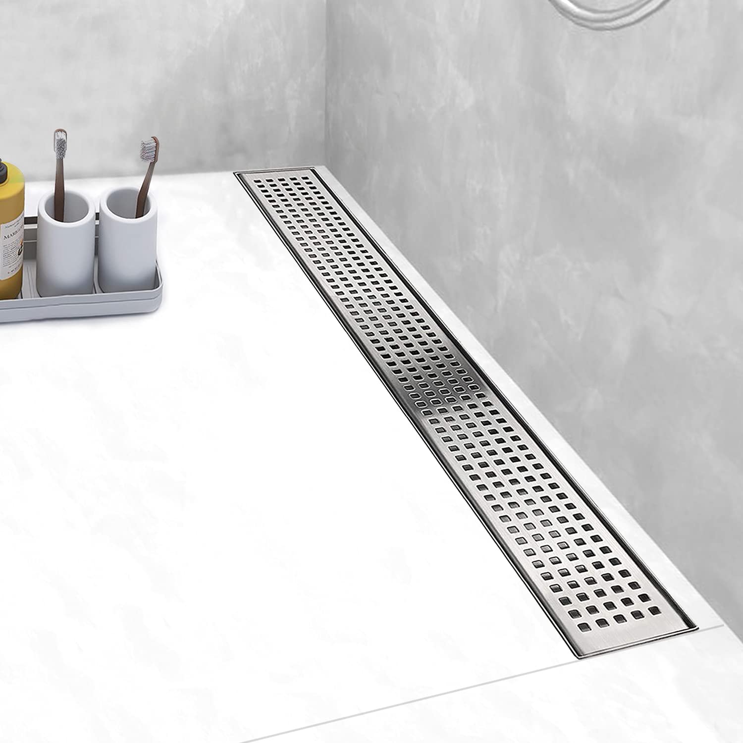 **28 Inch Linear Shower Drain - AISI 304 Stainless Steel with Removable Grate & Hair Catcher - Adjustable Leveling Feet for Bathroom & Wet Room Installation**    *(Perfect for Modern Walk-in Showers, Spa Bathrooms & Wet Room Designs)*