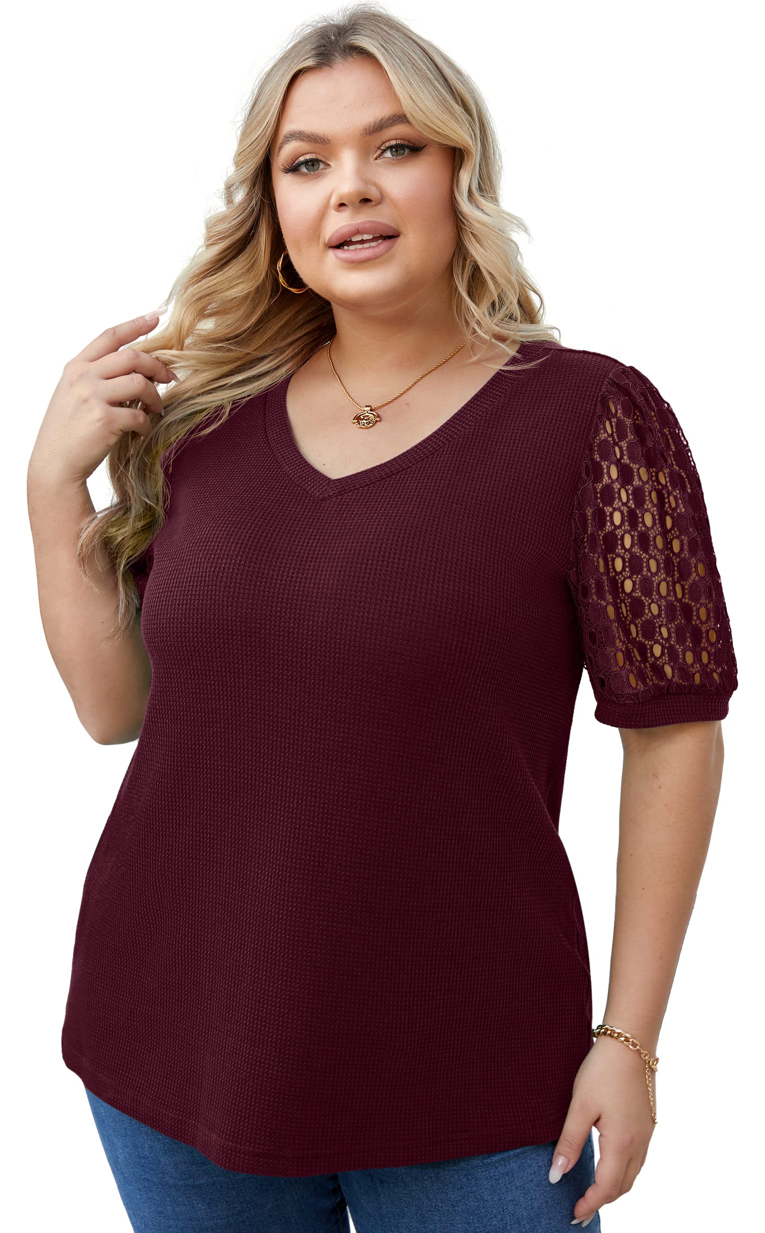 OLRIK Plus Size Tops for Women - Summer Blouse Waffle Knit Short Sleeve Lace Shirts | Casual Wear, Office Outfits & Date Night Fashion
