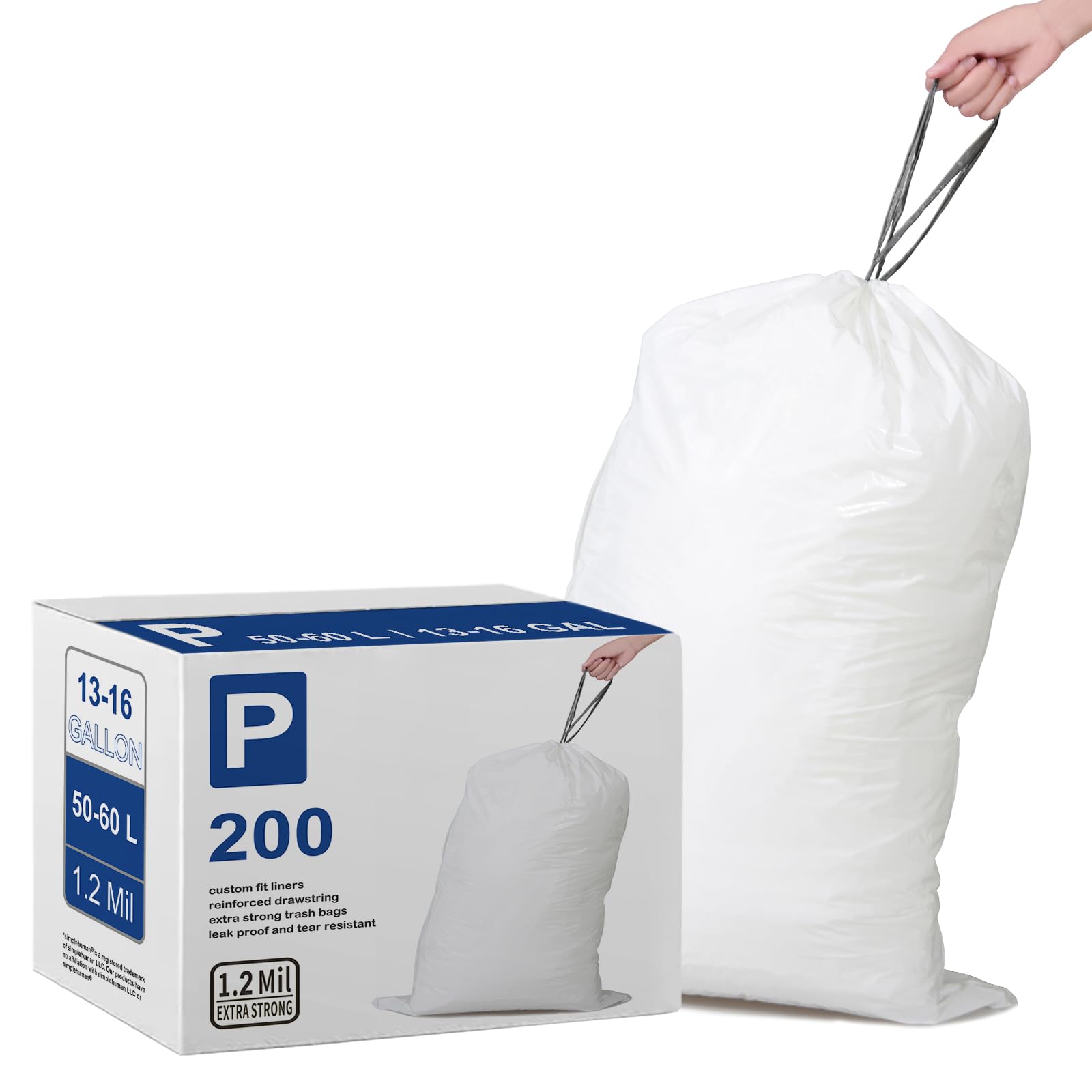 Code P Heavy Duty 13-16 Gallon Trash Bags (200 Count) - 1.2 Mil Thick, Reinforced Drawstring, Leak-Proof & Tear Resistant - Compatible with simplehuman Code P White Garbage Cans (50-60 Liter) - Perfect for Kitchen, Office & Bathroom Waste Disposal