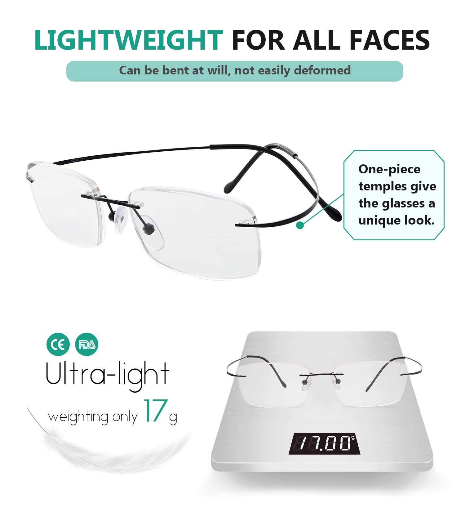 Titanium Rimless Reading Glasses for Men - Lightweight +1.25 Magnification - Perfect for Reading Books, Using Smartphones & Computer Work