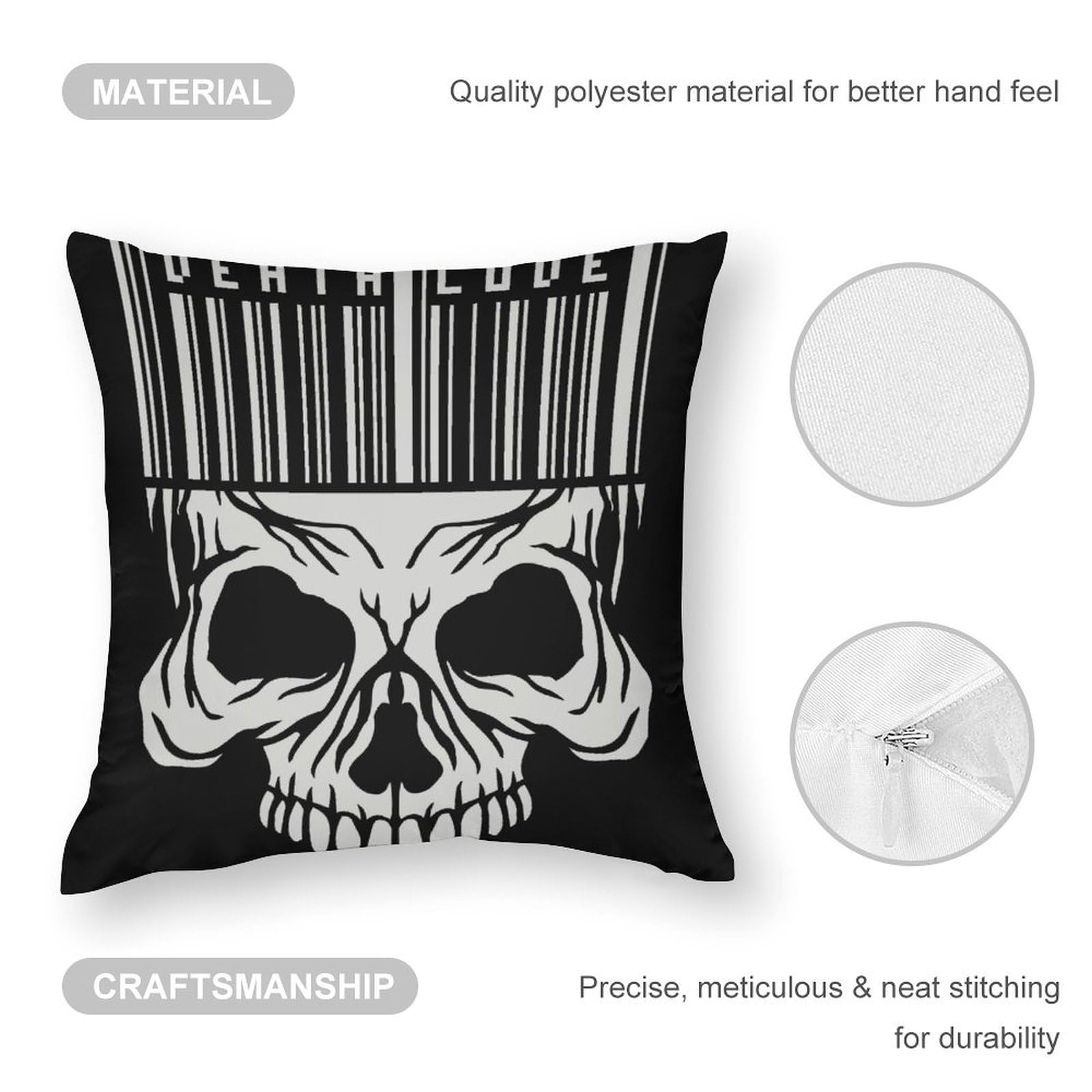Gothic Skull Print Polyester Pillow Covers - Soft 20x20 Inch Square Decorative Cushion Case for Sofa, Bed, Living Room & Halloween Home Decor
