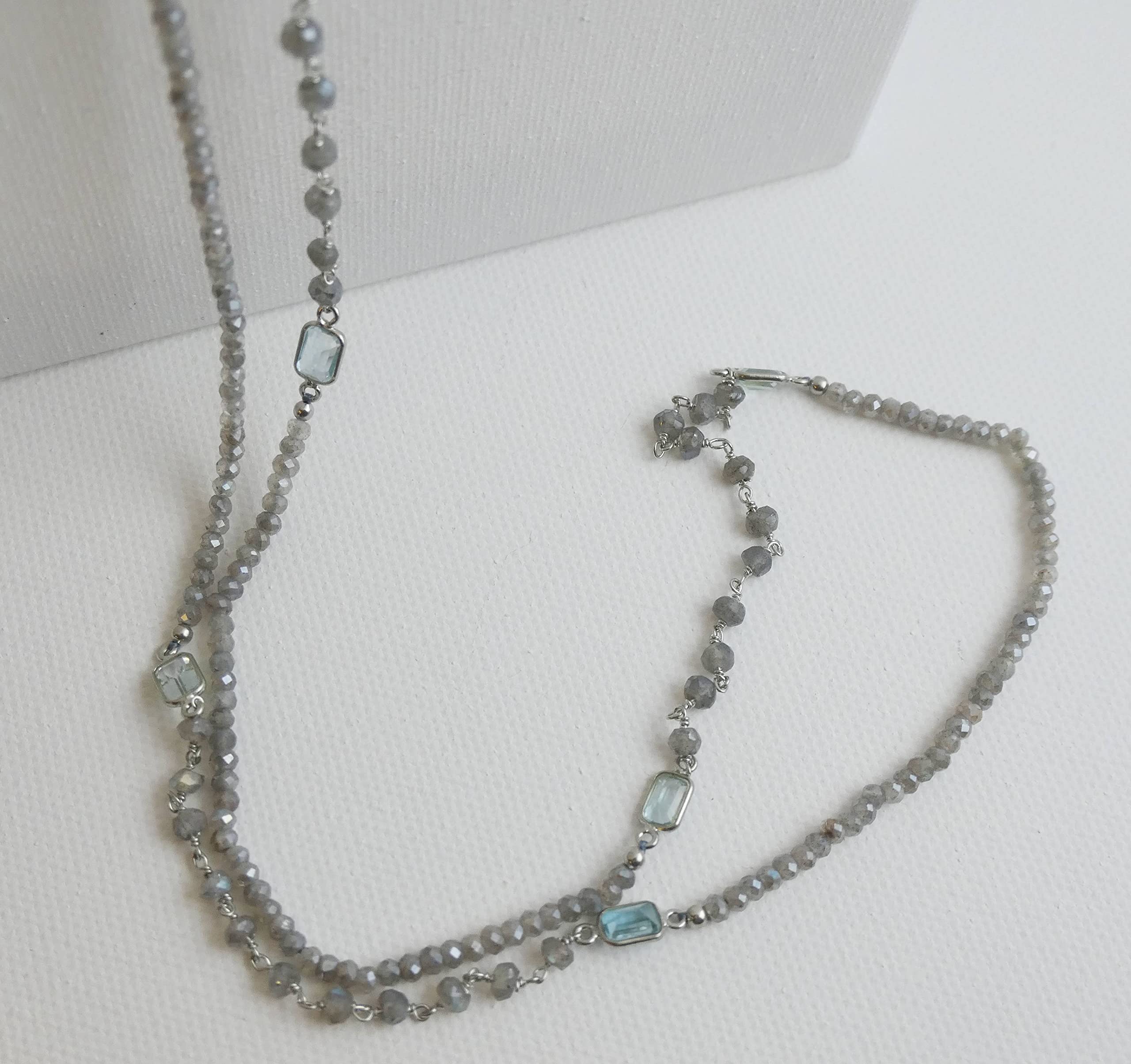 Labradorite & Blue Topaz Sterling Silver Necklace 103cm - Natural Gemstone Jewelry for Women - Handmade Birthday, Valentine's & Mother's Day Gift - Elegant Everyday Wear & Special Occasion Accessory
