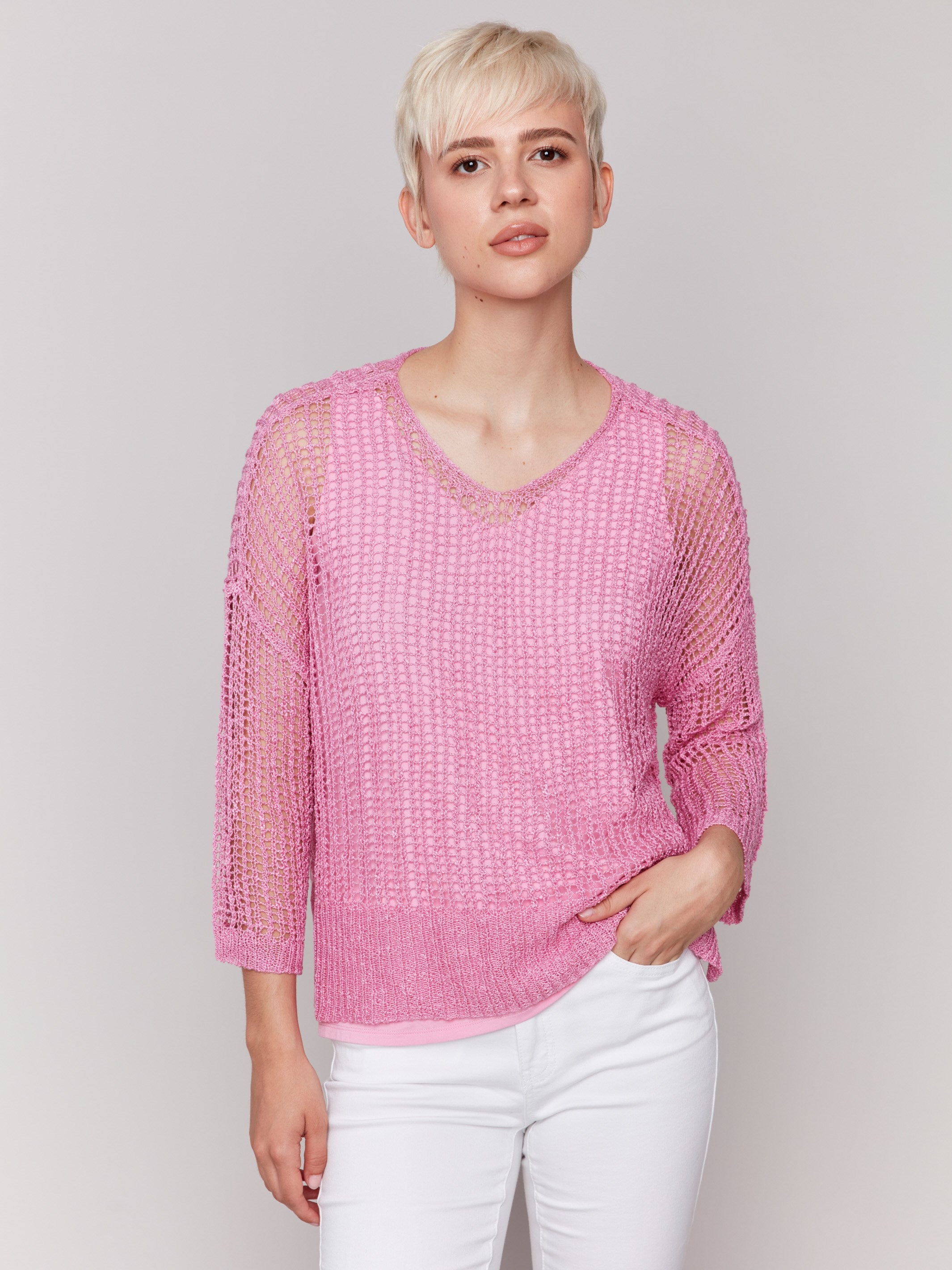 Fishnet Crochet Sweater Women's Fashion Top - Elegant Begonia Color for Casual Wear, Date Night & Boho Outfits
