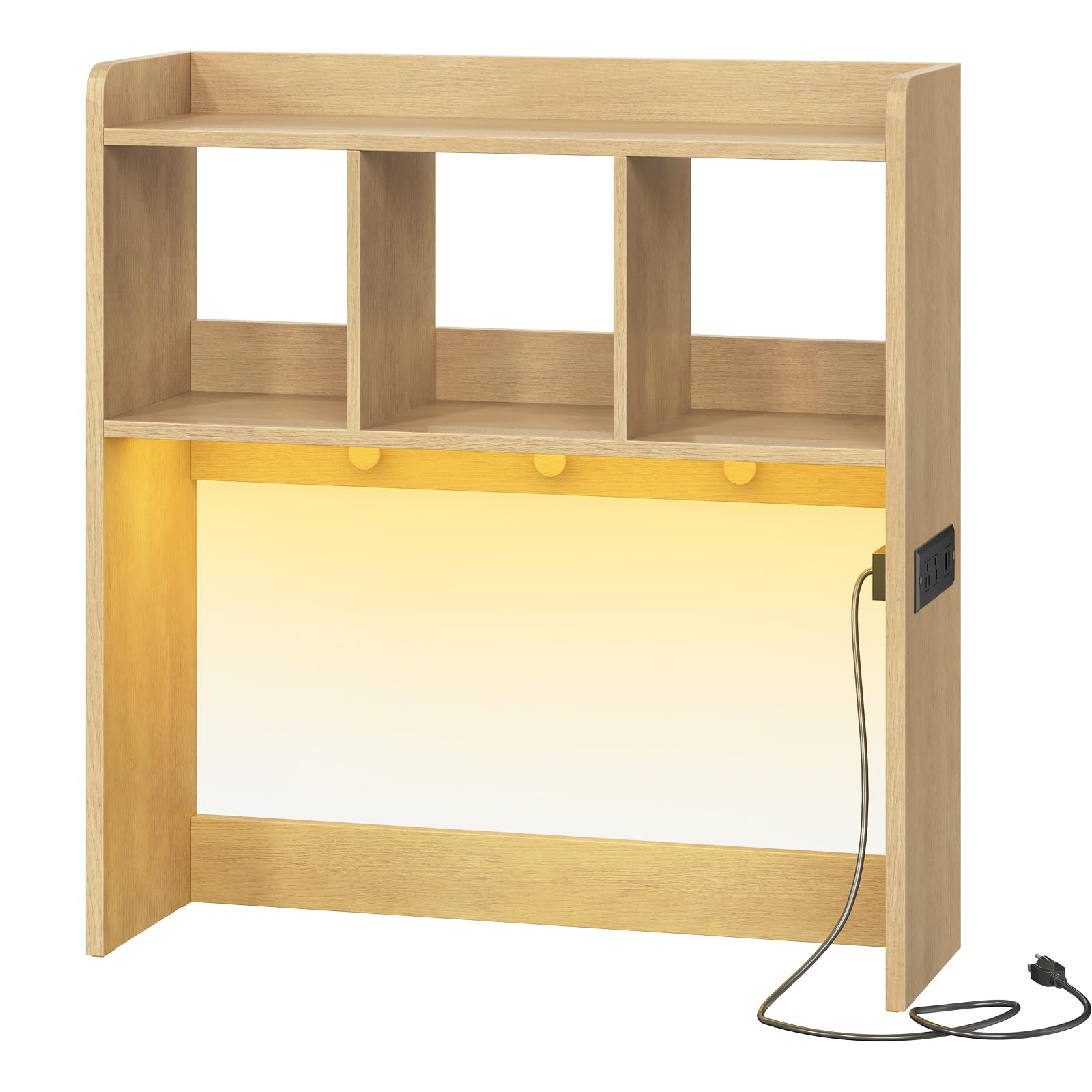 HOOBRO Wooden Desktop Bookshelf with LED Light Strip & 3 Hooks - Office Desk Organizer with Built-in Outlets - Perfect for Home Office, Study Room & Workspace Organization (Natural NL12UDSJ01)