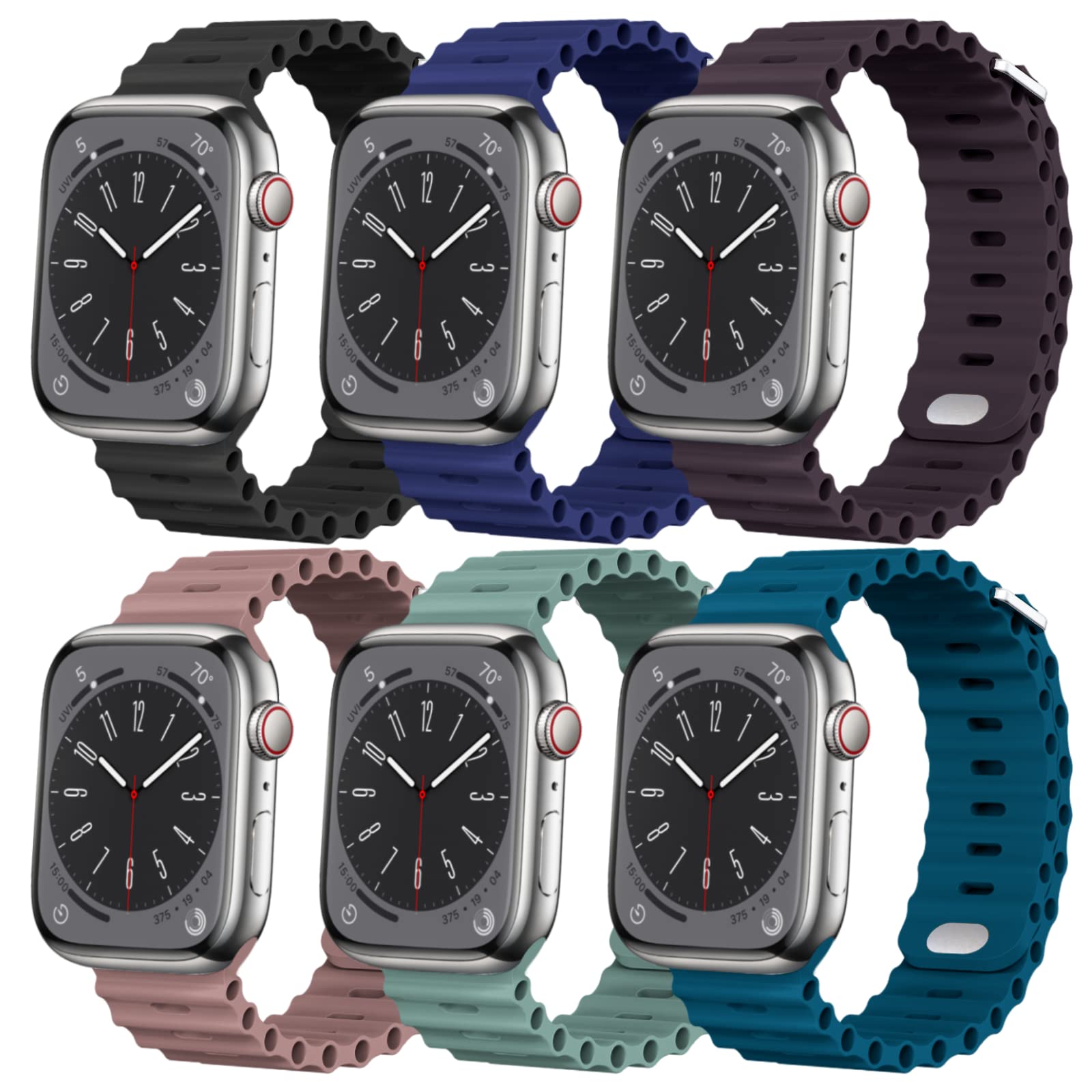(6 Pack) Sport Ocean Band Compatible with Apple Watch 38mm 40mm 41mm 42mm 44mm 45mm 49mm - Soft Silicone Replacement Strap for Apple Watch Ultra 2/Ultra/SE/Series 9/8/7/6/5/4/3/2/1 - Unisex Design in Black/Midnight Blue/Elderberry/Smokey Mauve/Pine Green/Pacific Green - Perfect for Swimming, Surfing, Workouts & Outdoor Activities