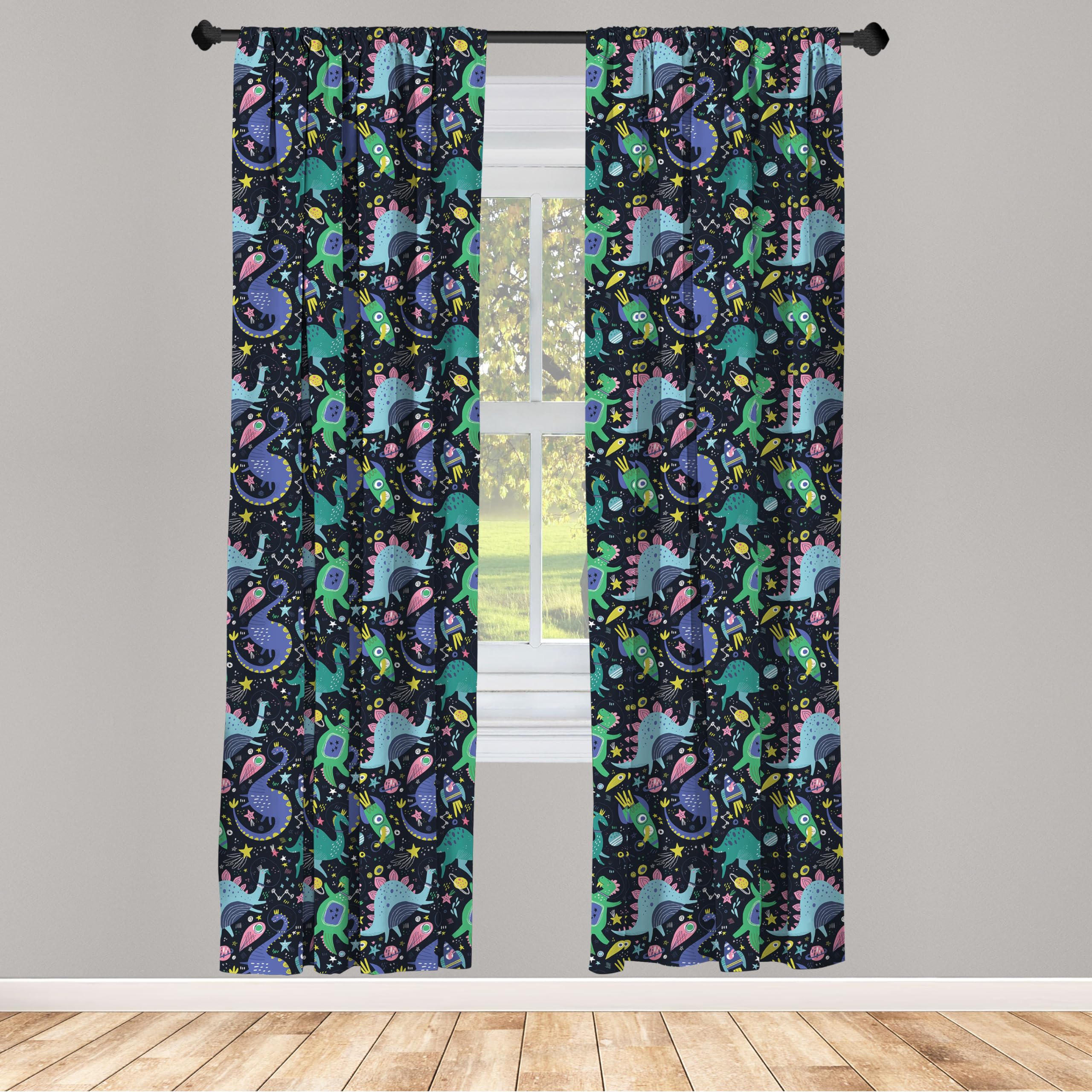 Ambesonne Dragon Window Curtains - Space Themed Hand-Painted Universe Design with Dinosaur Characters & Planets - Lightweight Black & Green Decor (2 Panels, 28