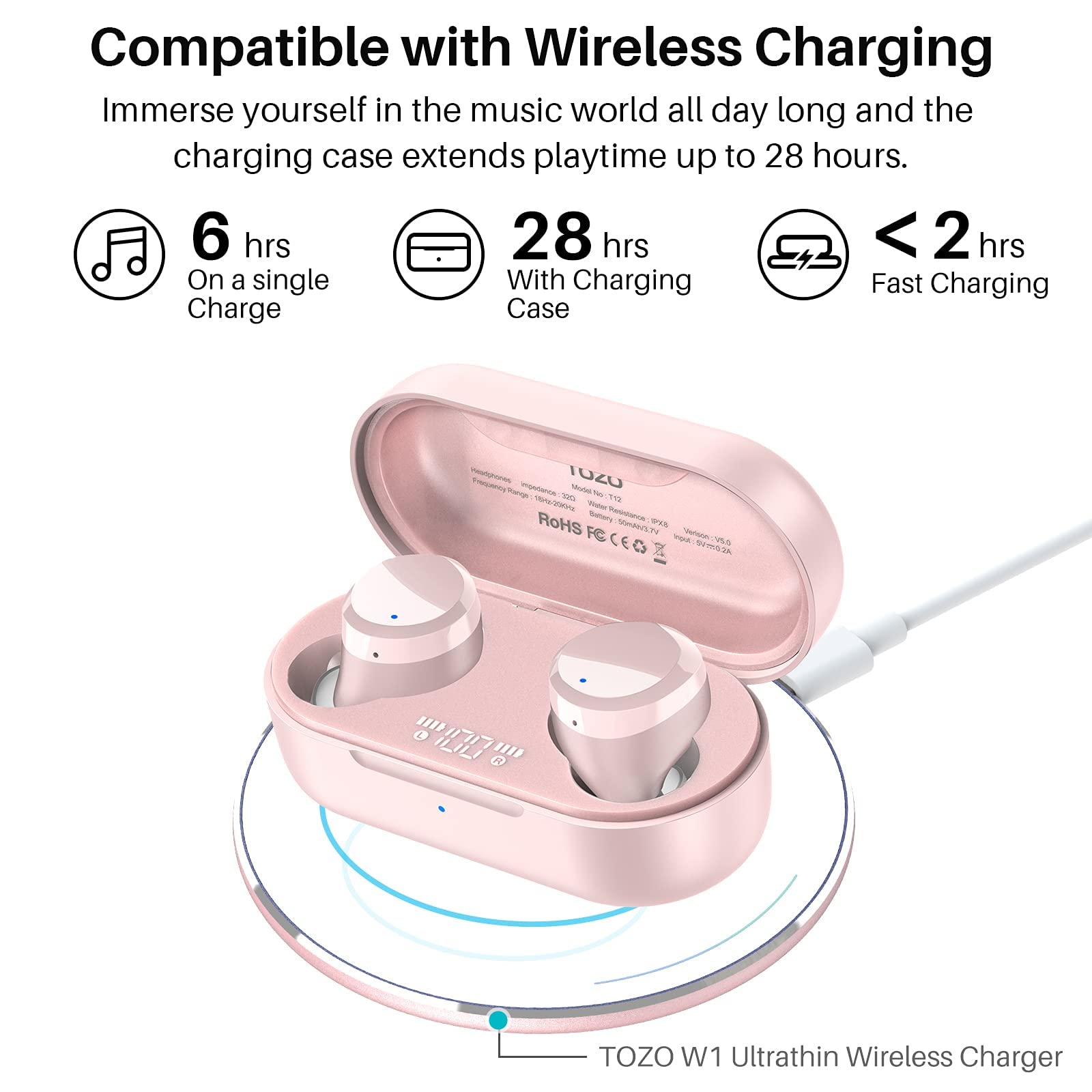 TOZO T12 Wireless Earbuds Bluetooth 5.3 Headphones with Premium Sound, Wireless Charging Case, IPX8 Waterproof, Built-in Mic - Rose Gold (Renewed) for Gym, Running, Travel & Work Calls