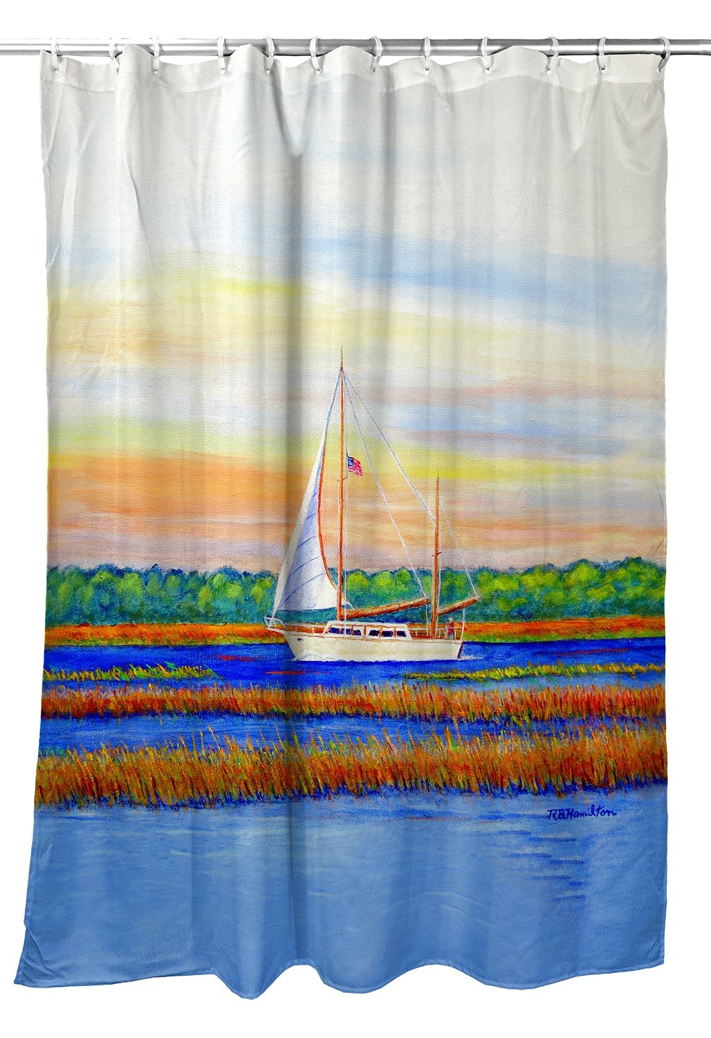 Betsy Drake Marsh Sailing Shower Curtain - Nautical Bathroom Decor with Sailboat Design - Perfect for Coastal, Beach House or Nautical Theme Bathrooms